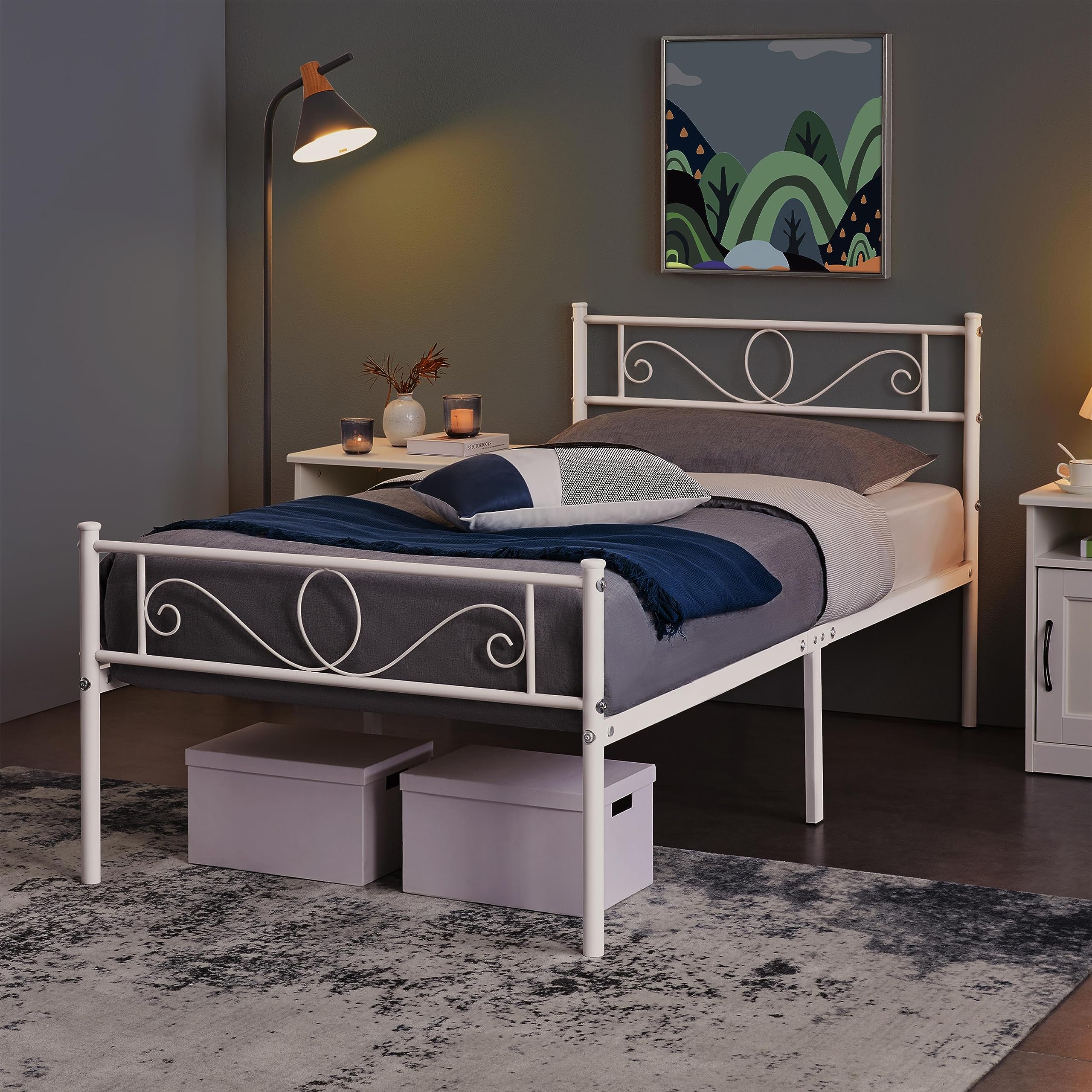 Yaheetech Cadre De Lit 90 X 200 Cm En Métal Avec Tête De Lit Haute Et