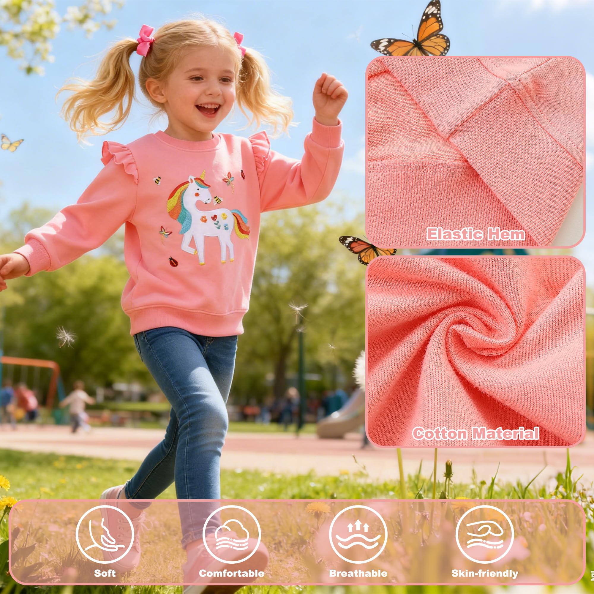 Sudadera Niñas Bebe Jersey Sin Capucha Manga Larga Algodón Camiseta Arcoíris Unicornio Dibujos Pullover Casual Deporte Cuello Redondo Basica Top para Infantil Ropa 2-8 Años
