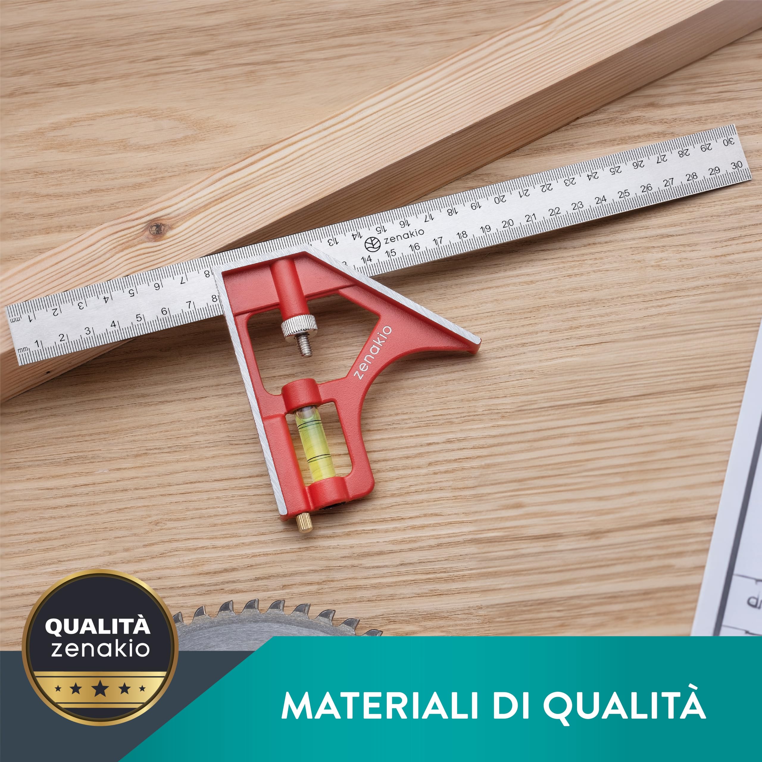 Squadra Combinata 30 cm - Misura e Marcatura Precise - Righello Angolare in Acciaio Inox - Ideale per Lavorare il Legno e il Metallo - Squadra Combinata Professionale Zenakio