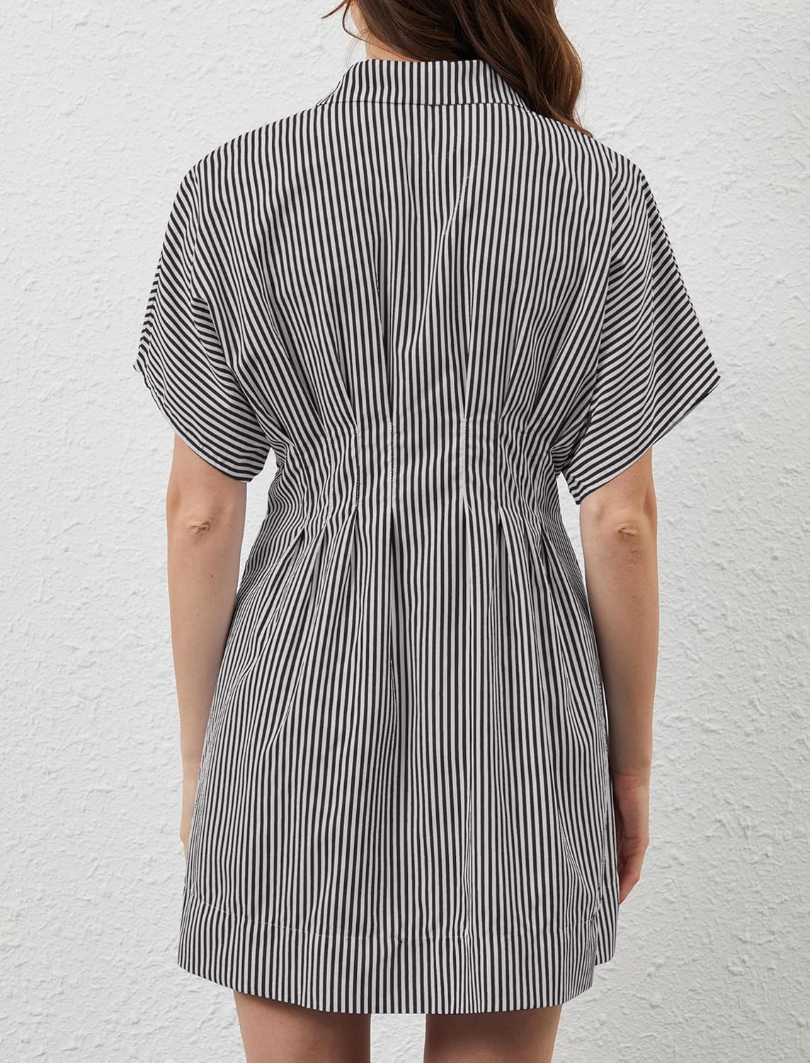 Women Button Down Pleated Shirt Dress Summer Short Sleeve Blouse Striped Print Corset Mini Dresses - Image 7