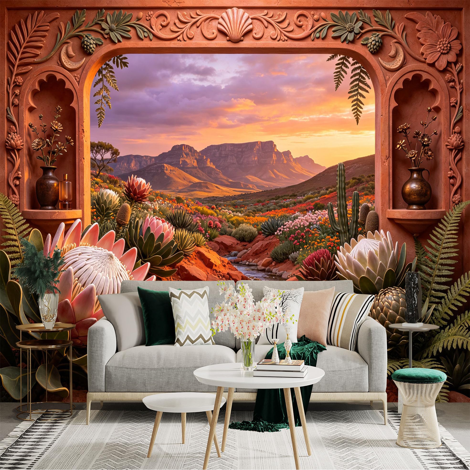 Lnzczhyre Bh260719007 Custom Size Wall Sticker Mural， Sunset Desert Landscape， Protea Flowers， Rocky Creek， Terracotta Archway View， For Wall Decoration， Peelandstick Wall Decals.
