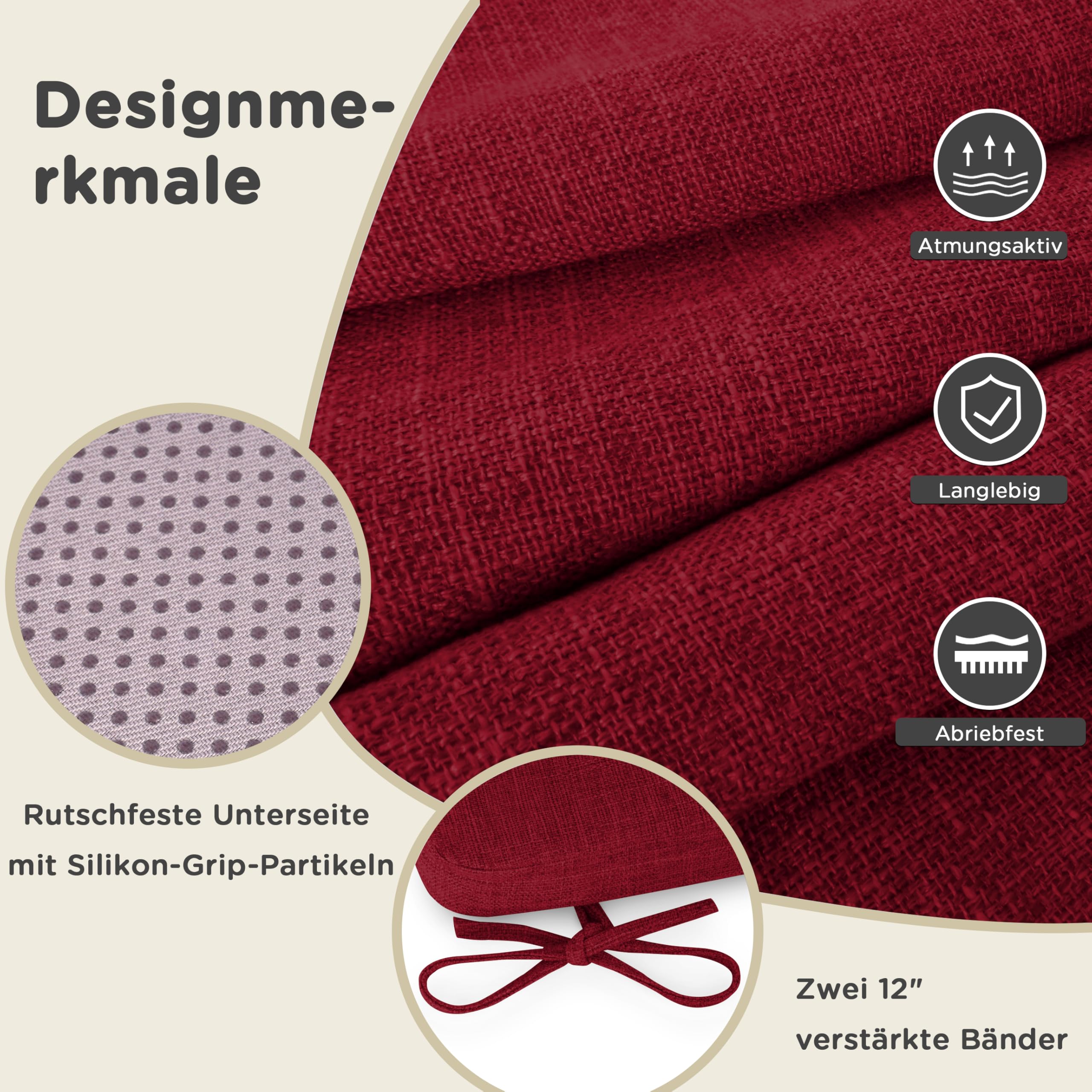 AddGrace Stuhlkissen für Esszimmer 6er Set, 40x40x5 cm, Rot