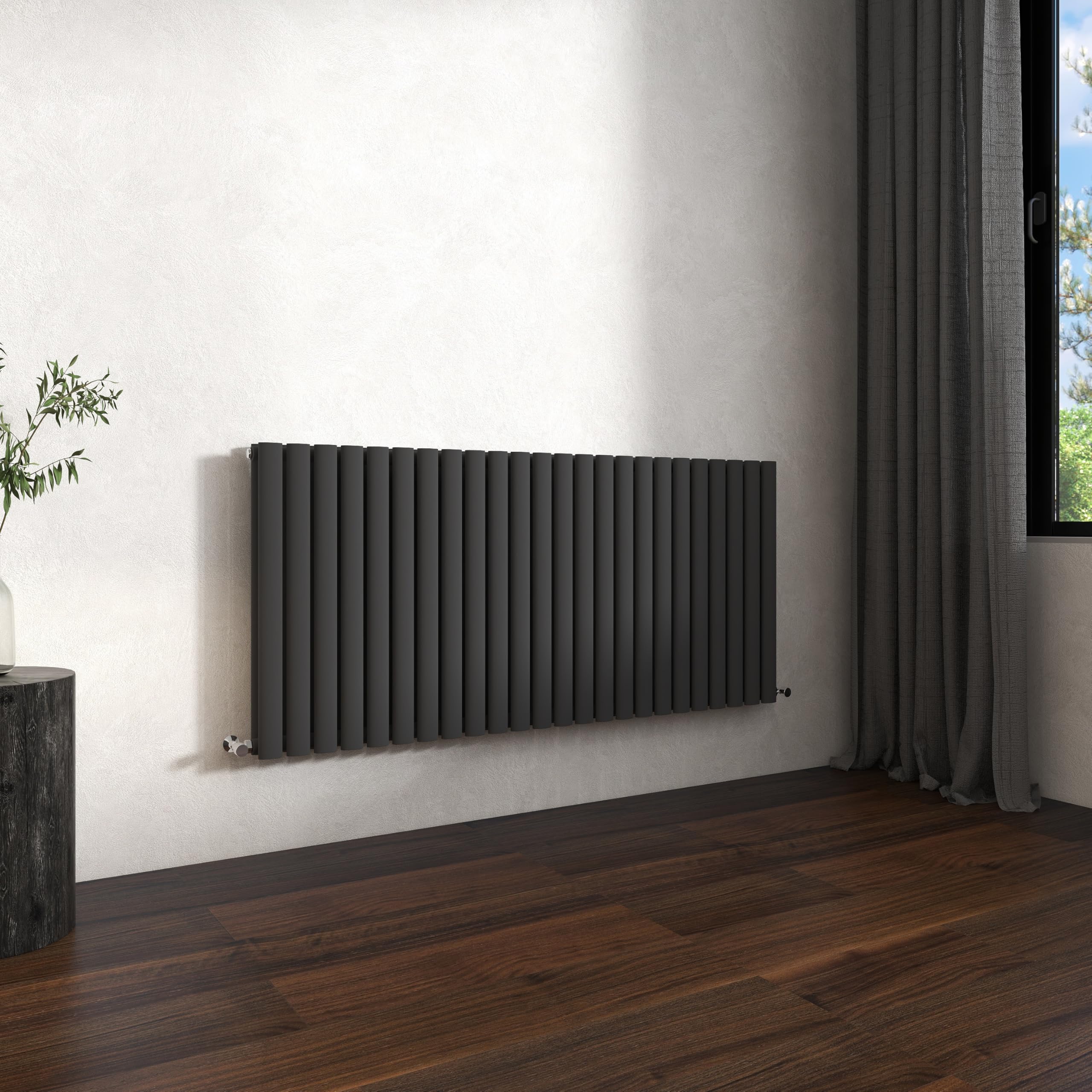 Traditional Horizontal Oval Column Radiator, 600x1416mm Anthracite Modern Heating Radiators, Double Panel Wall Mounted Heater Rads, Perfect for UK Hallway, Living Room Central Heating, Grey Radiator