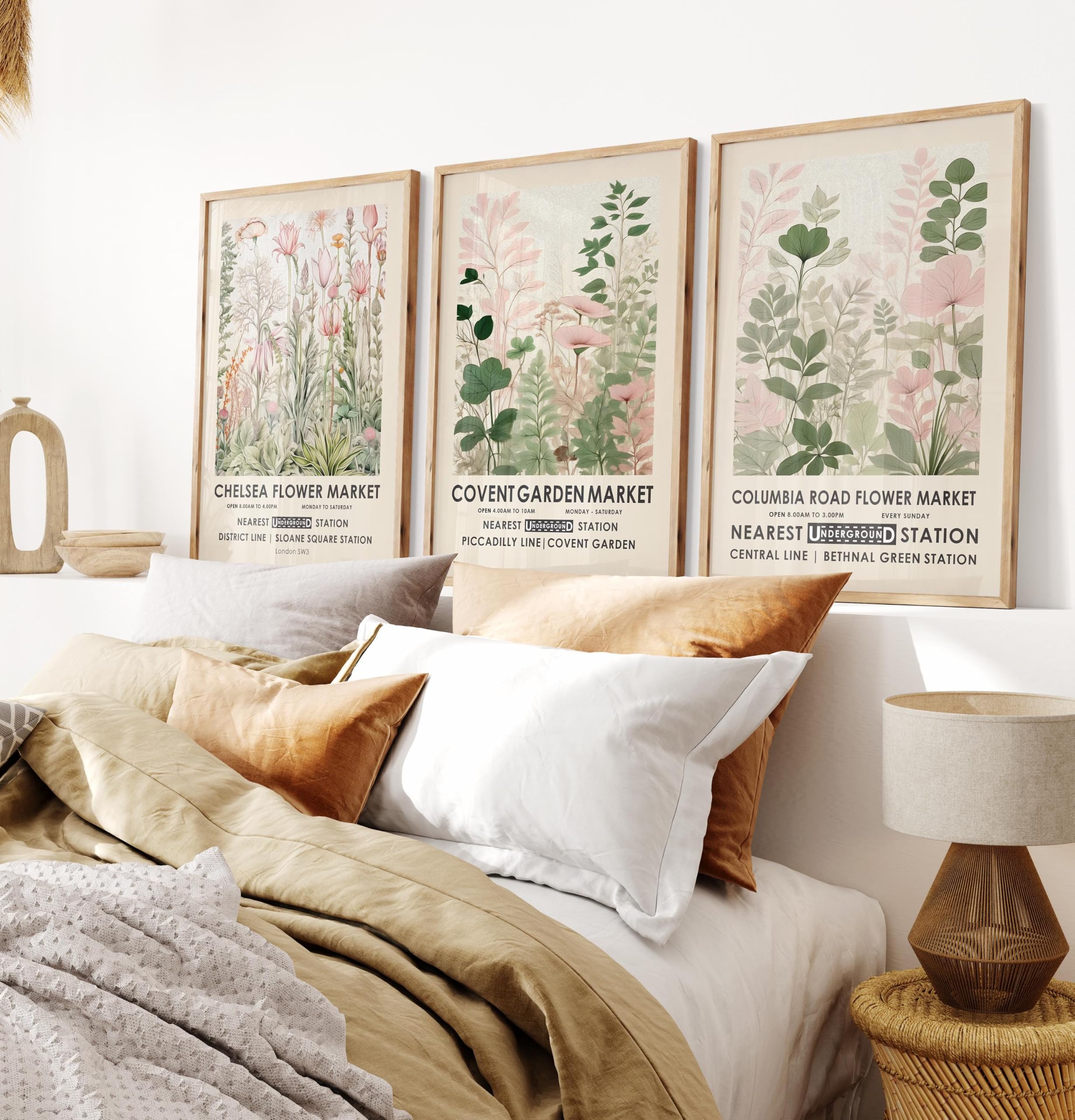 AMOSIJOY Floral Wall Art Prints Set of 3, Vintage Botanical Prints, Pink Flower Wall Decor Posters, English Garden Artwork for Living Room Bedroom Office Decoration, Unframed (30×40cm)