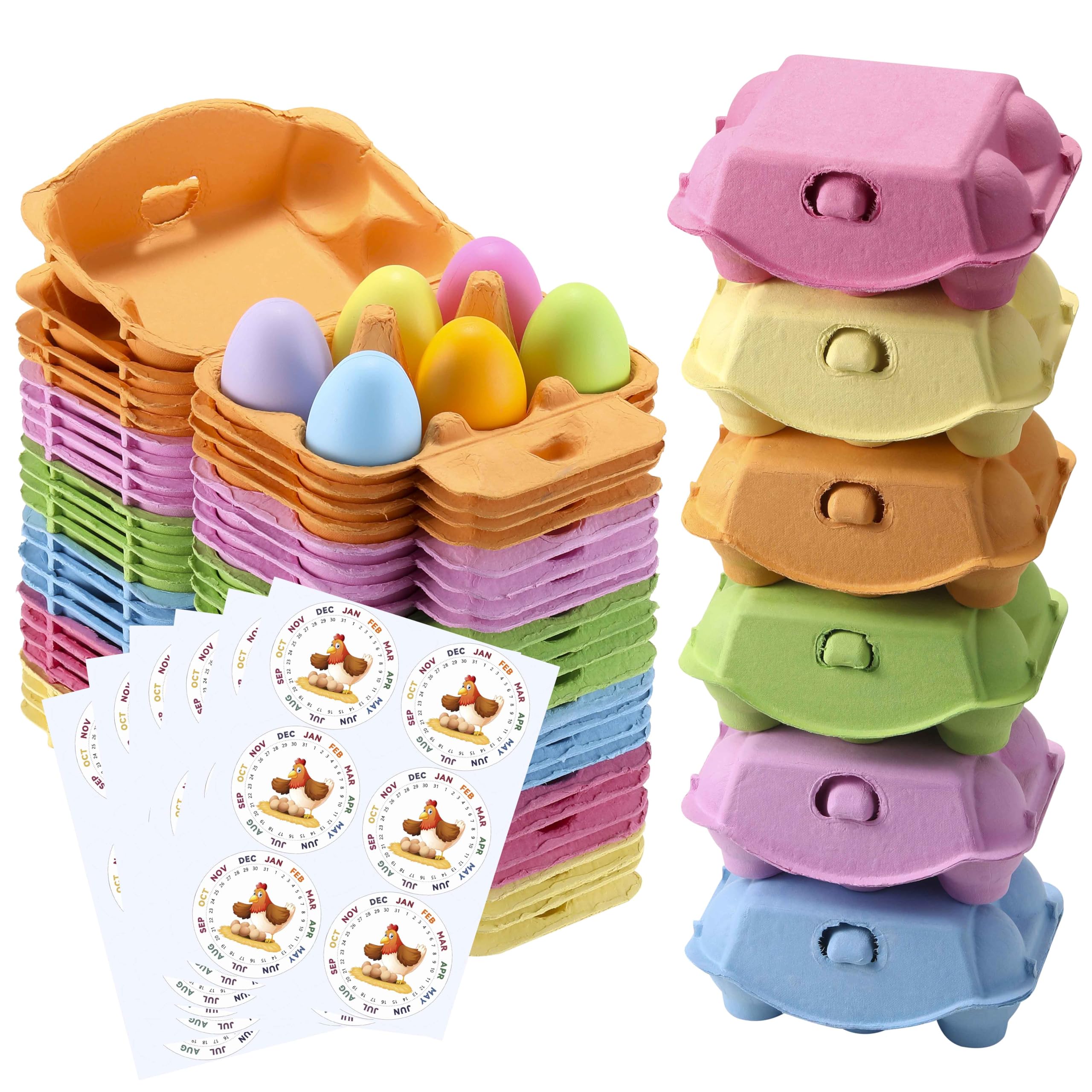 Half Dozen Egg Cartons 240 Pack, Colorful Blank Natural Pulp Egg Holder 6 Count for Chicken Eggs Reusable, Easter Color Storage Box for Holds Up to Six Container Basket Cardboard Paper, 30 Labels