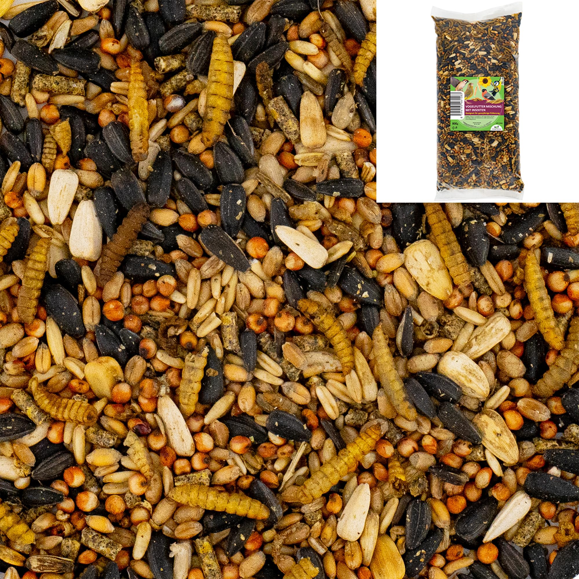 UGF - Vogelfutter Wildvögel Ganzjährig 800g, Wildvögelfutter mit Sonnenblumenkerne, Soldatenfliegenlarven und Pellets mit Mehlwürmer, Zutaten für die Ganzjährige Fütterung