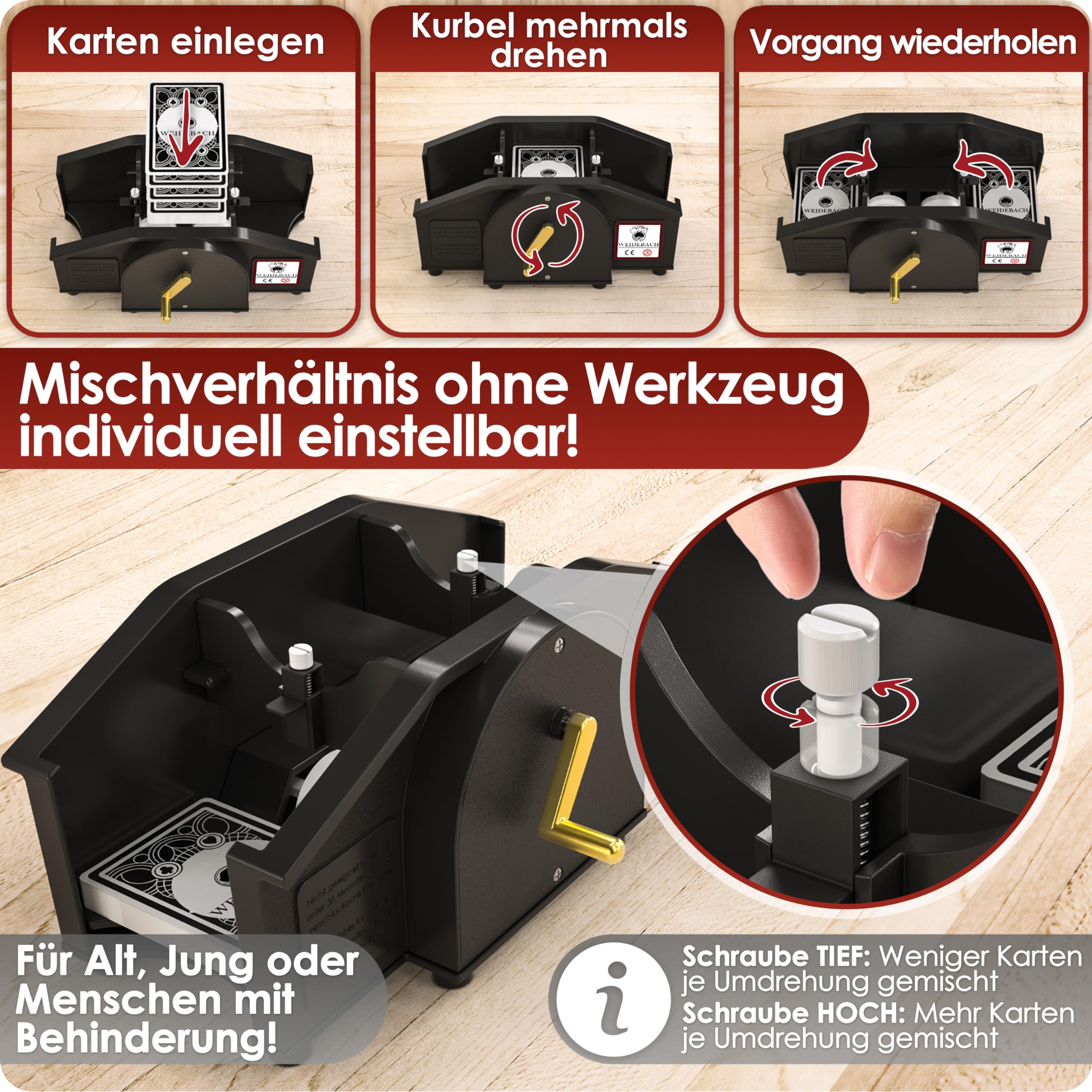 Weidebach® Schwarze Kartenmischmaschine mit Goldener Kurbel für alle Standard Kartenspiele, Kartenmischer mit 2X Kartenspielen & Ersatzkurbel, Karten Mischgerät mit Buch für lustige Spieleabende