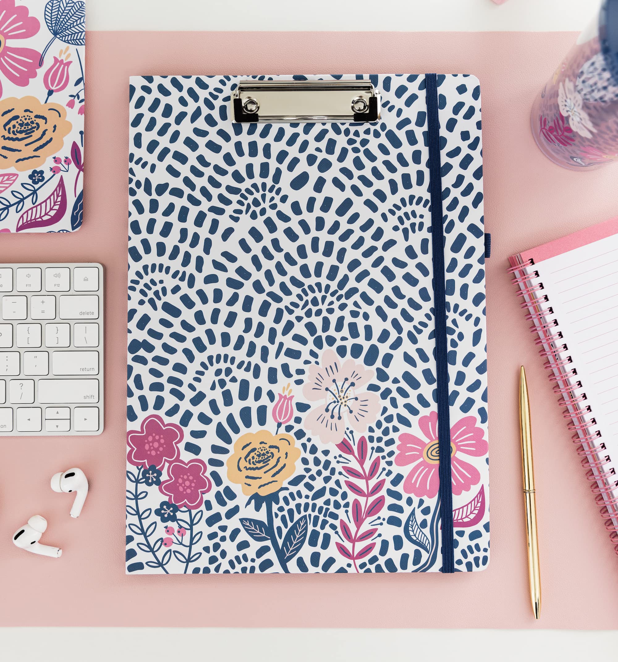 Porte-bloc Rechargeable Avec Pochette - Motif Floral Bleu - Organisation Bureau