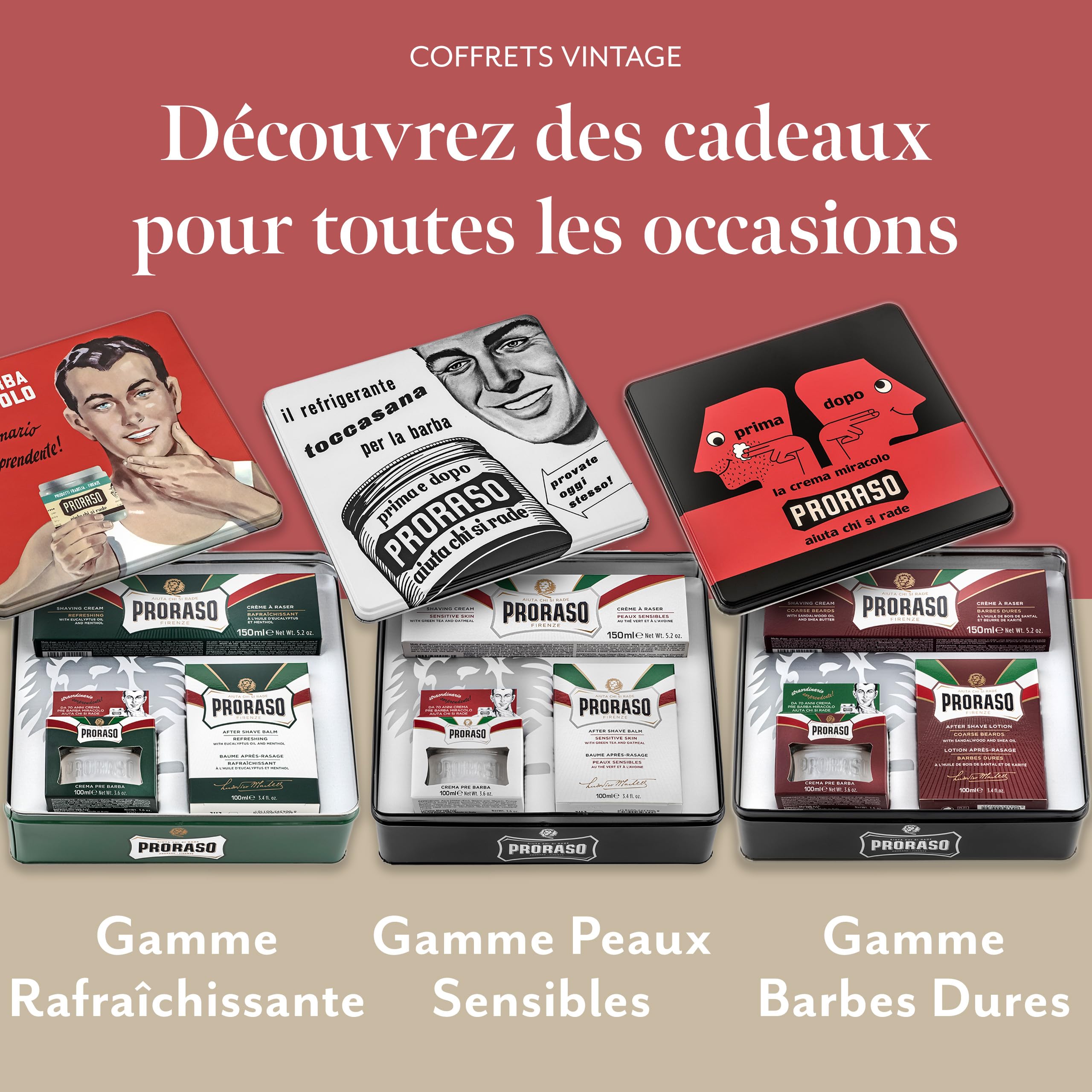 Proraso Coffret Cadeau Vintage « Gino », Kit de Rasage (3p) avec Crème Avant-Rasage, Crème à Raser & Baume Après-Rasage, Huile d'Eucalyptus & Menthol