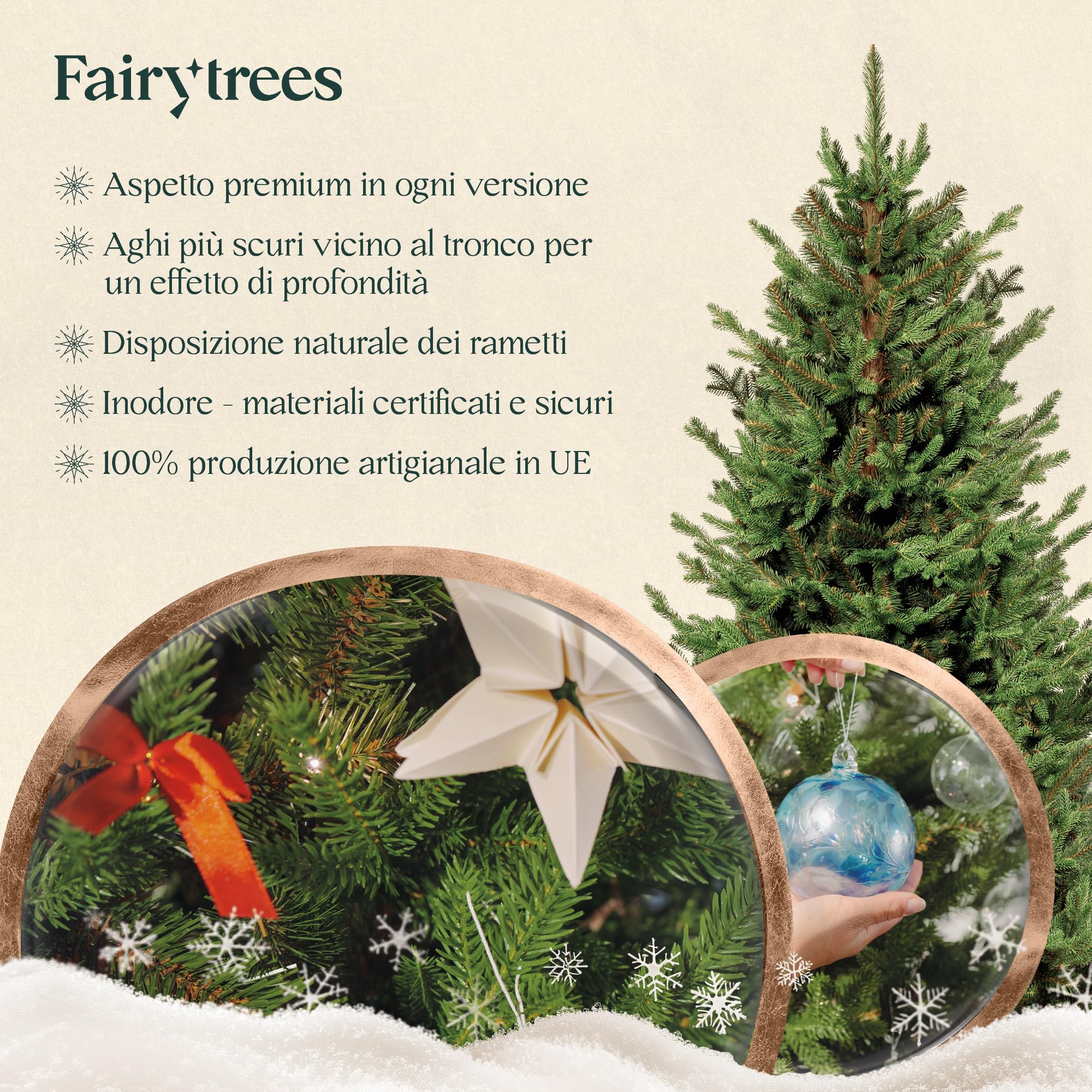FAIRYTREES Albero di Natale artificiale 220cm Abete Bavarese Premium con supporto in legno | Prodotto in EU | Facile da Montare