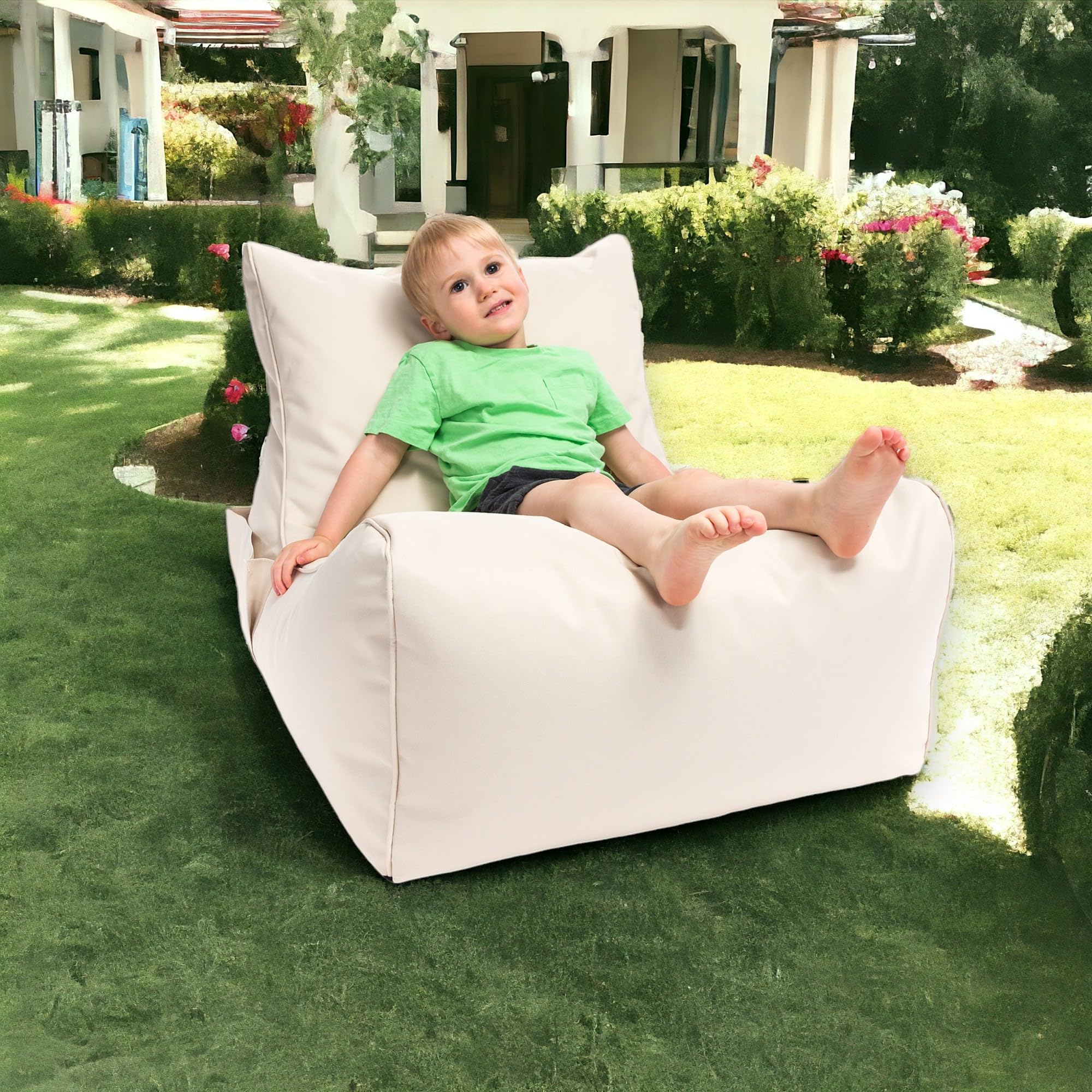 Ecopuf - Pouf Poltrona a Sacco da Esterno Chaise Longue - Puffo per Sedersi con Tasca Portaoggetti e Maniglia - Puff in Tessuto Impermeabile - Poltrona Relax - Arredamento Casa - Panna Nc18