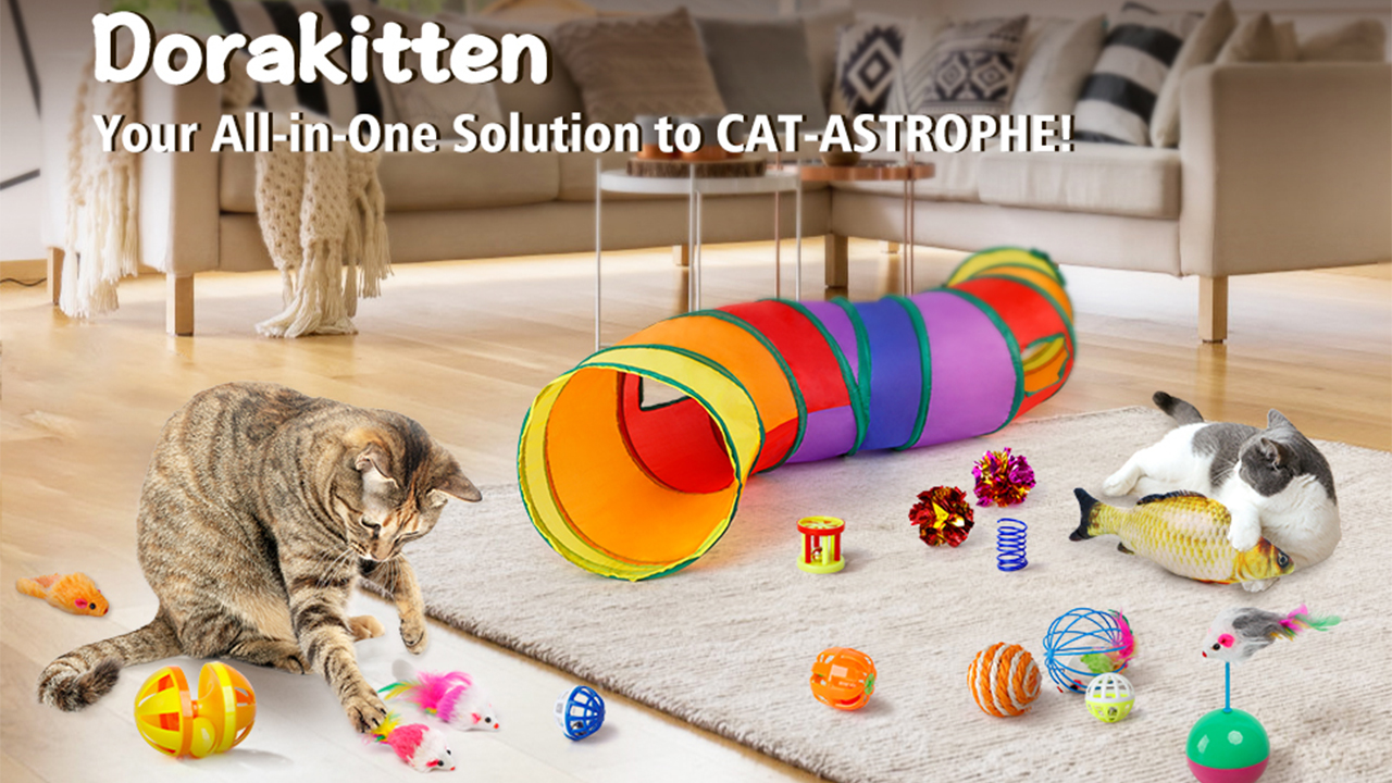 Dorakitten Cat Toys Kitten Toy Tunnel - 20PCS Indoor Interactive Toy Includes - Rainbow Tunnel Feather Teaser Fluffy… - Image 8