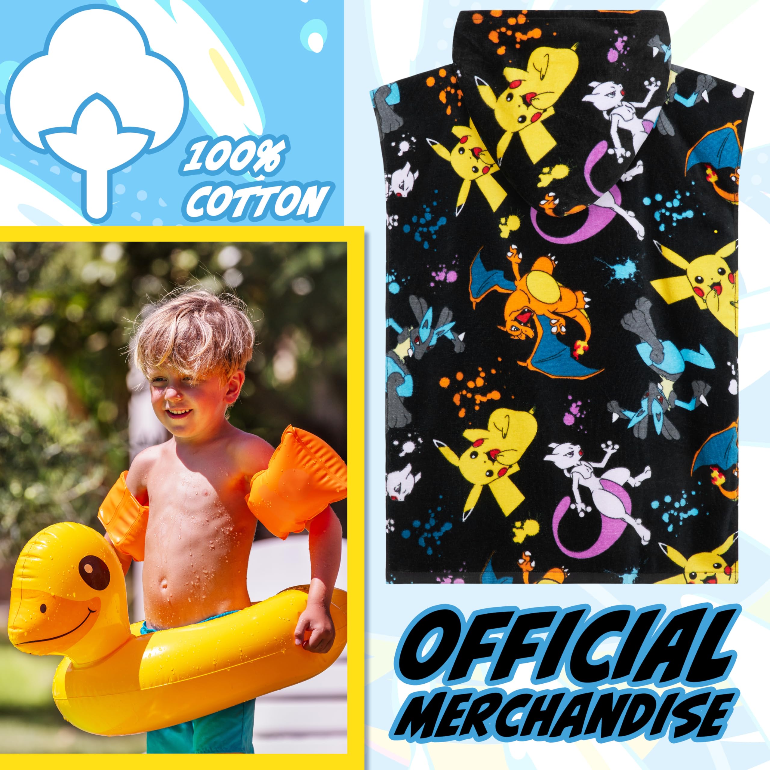 Pokémon Ponczo kąpielowe dla dzieci z kapturem Ręcznik miękki i chłonny Pikachu Ręcznik plażowy z bawełny Ponczo ręcznik dla chłopców i dziewczynek (Czarny/Wielokolorowy, 6-9 lat)