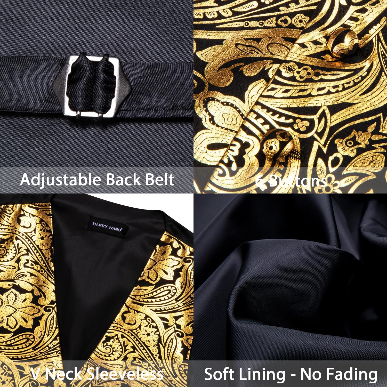 Barry.Wang Mens Vest Tie BowTie Set Shiny Floral Suit Vests Necktie Cufflinks Hanky Formal Waistcoat Wedding Party Disco 7PCS