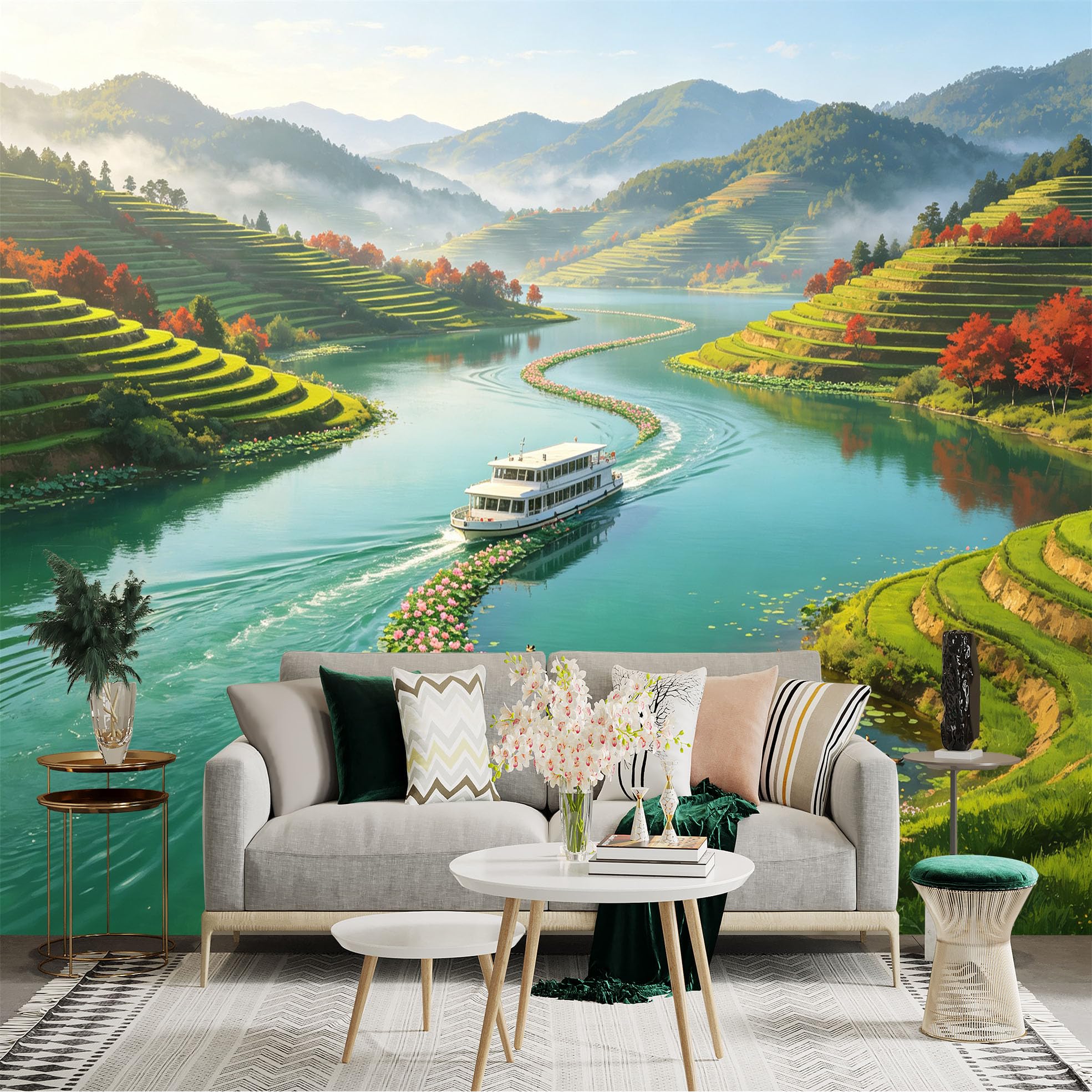 Custom Size Wall Sticker Mural， Cruise Ship on River， Lotus Flowers and Green Terraced Hills， Misty Mountain Scenery， for wall Decoration， peelandstick wall Decals.