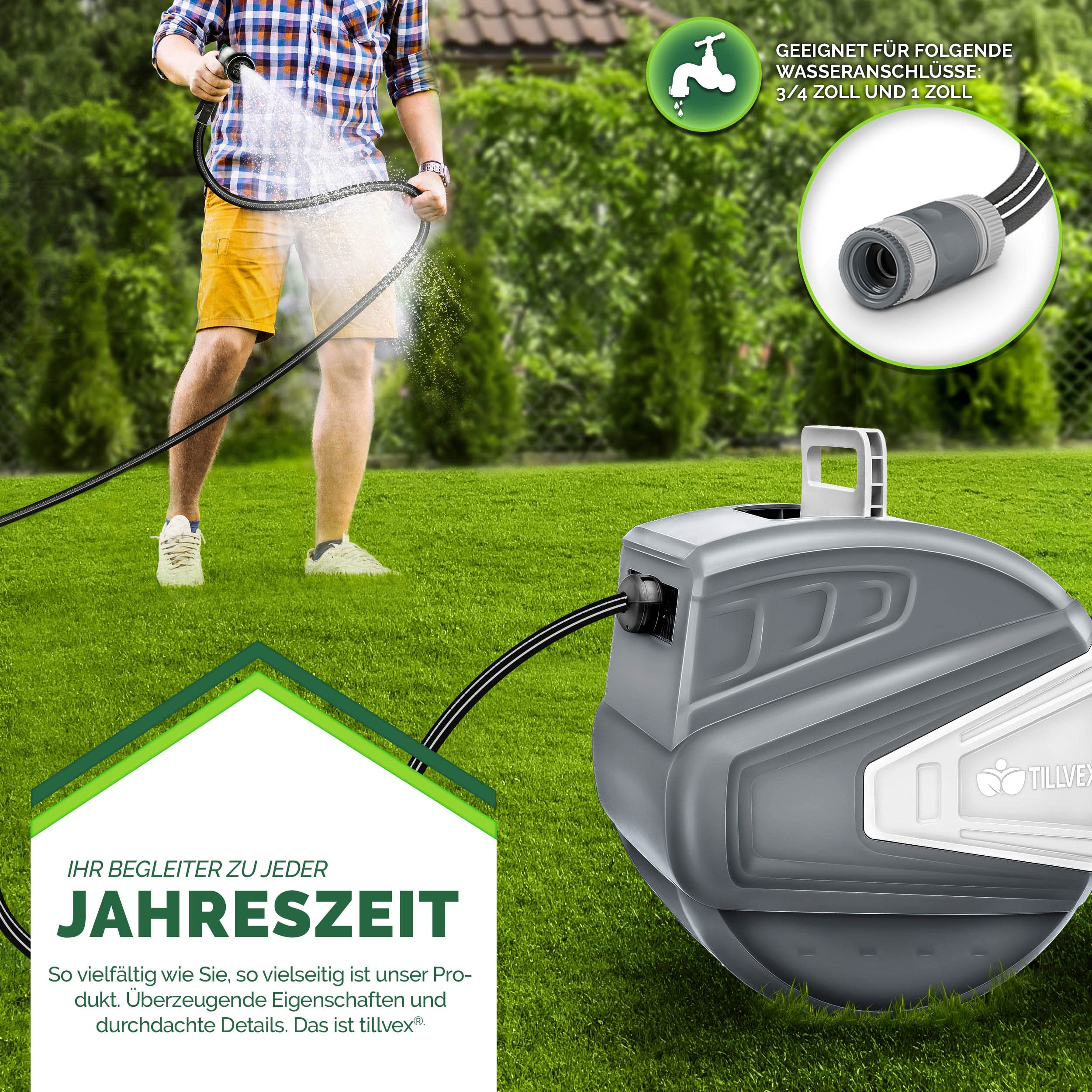 tillvex Carrete para Manguera de agua 15+2m con soporte de pared | Enrollador de manguera con pistola manual y manguera de jardín | Caja de manguera para pared con enrollado automático