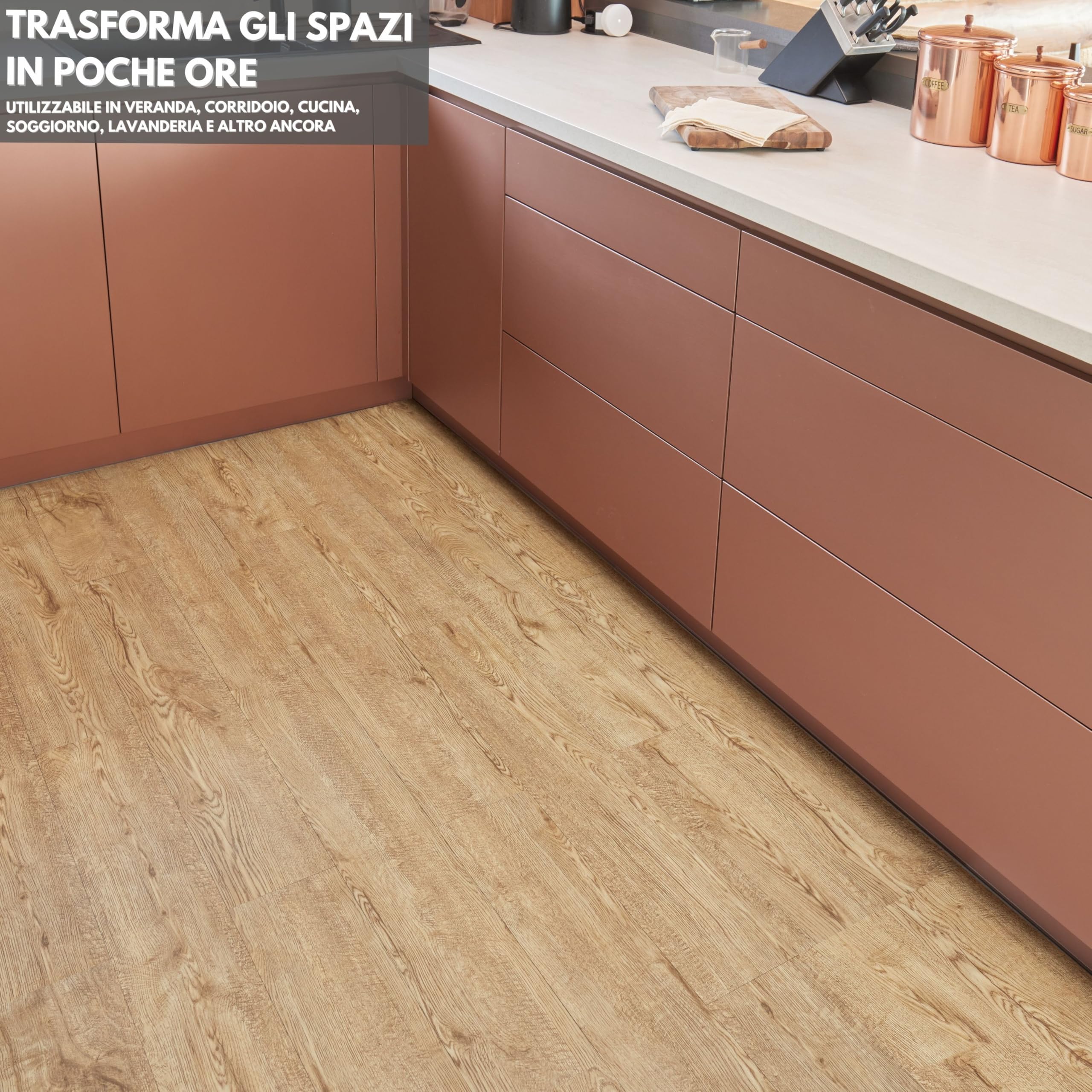 Pavimento PVC Adesivo – Confezione da 10 Doghe, Copertura 1,39 m², Impermeabile Piastrelle Adesive Pavimento Ogni Doga 91,4 x 15,2 cm – Marrone Effetto Legno Rovere Miele per la Casa, Ufficio