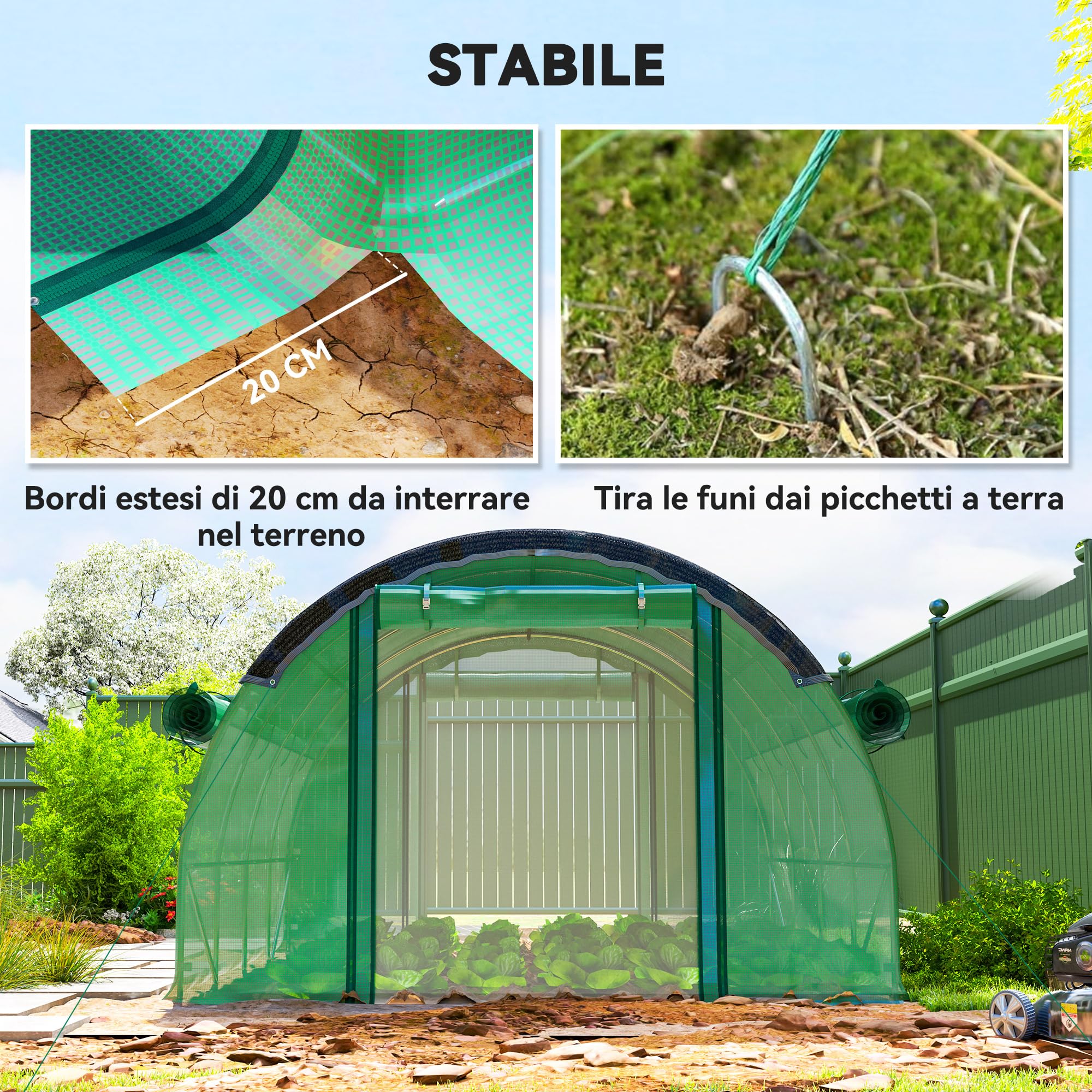 Outsunny Serra da Giardino a Tunnel 4x3x2 m con Rete Ombreggiante, Serra per Orto 8 Finestre, 2 Porte e Pareti Laterali Avvolgibili, Struttura in Acciaio e Copertura PE, per Verdure Fiori, Verde