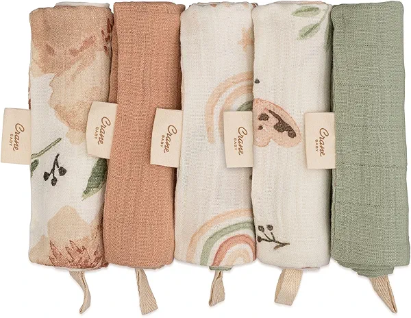 Crane Pink Floral Baby Wash Cloth Set - 5 Soft 100% Cotton Muslin Washcloths for Newborns