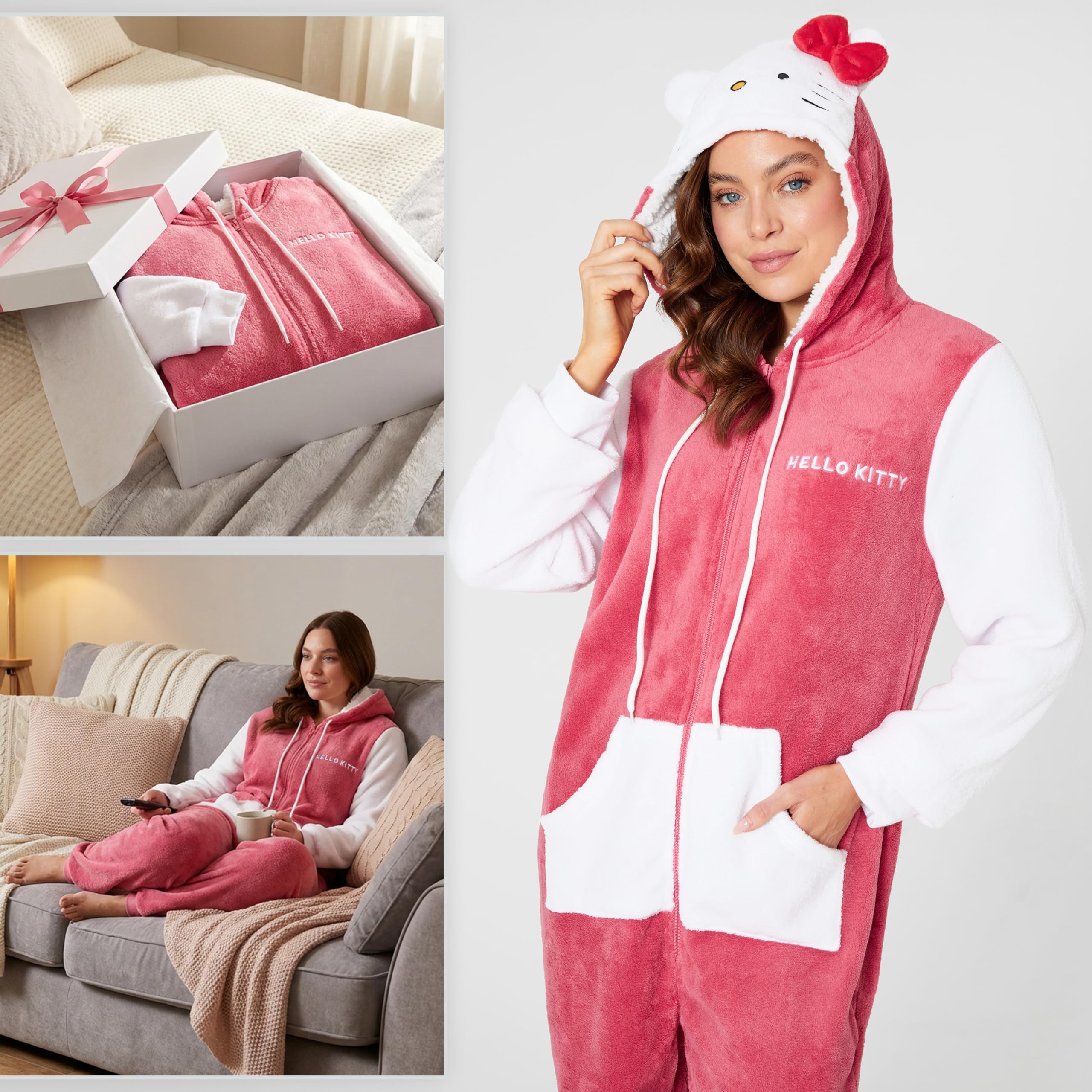 Hello Kitty Sanrio Pijama Entero Mujer y Adolescente con Capucha, Pijama Una Pieza Kawaii, Polar Ropa de Dormir, Regalos de Anime