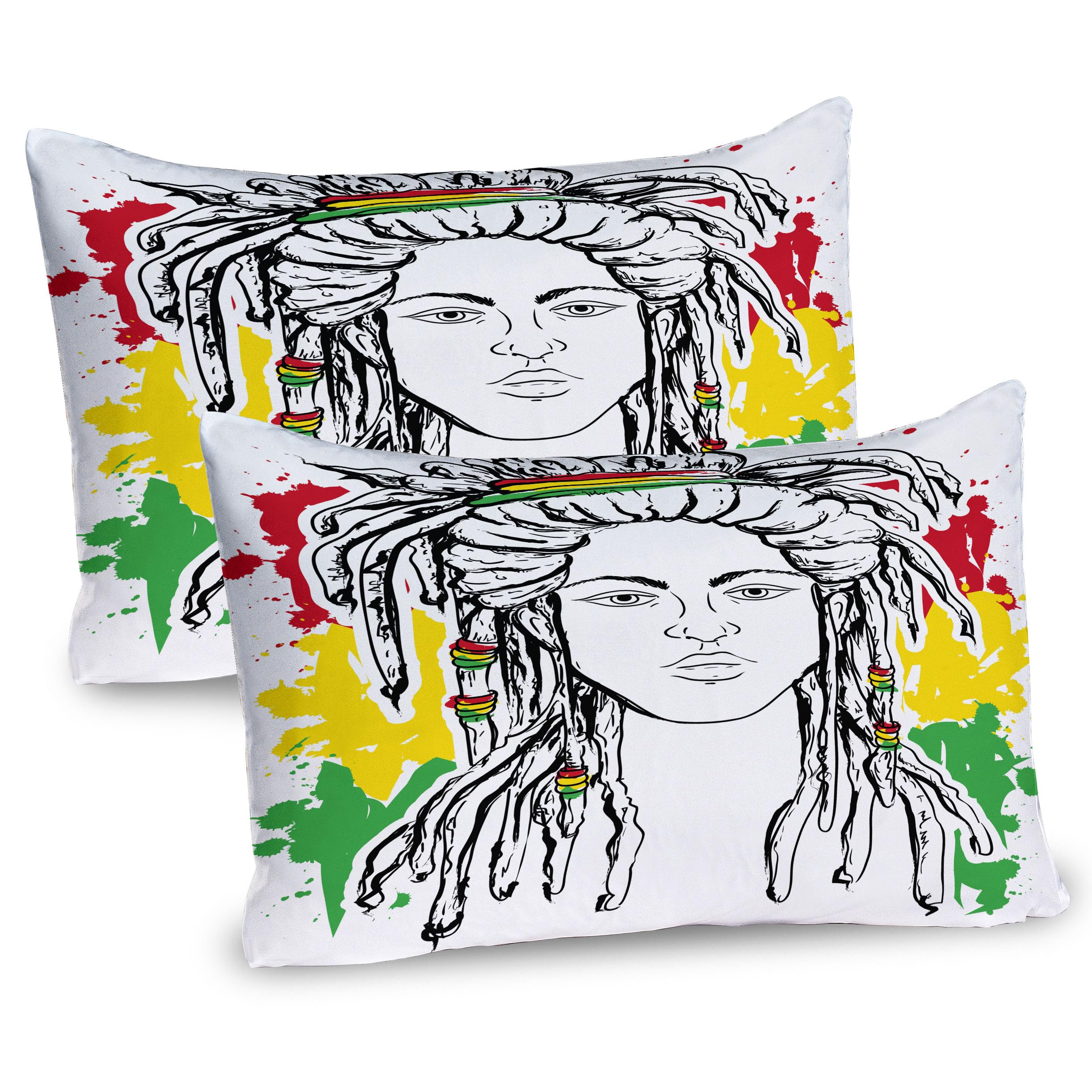 Ambesonne Rasta Pillow Sham Set of 2, Grunge Ethiopian Flag Colors with a Black and White Sketchy Girl Image, Quality Microfiber Bedding Item for All Seasons, 36