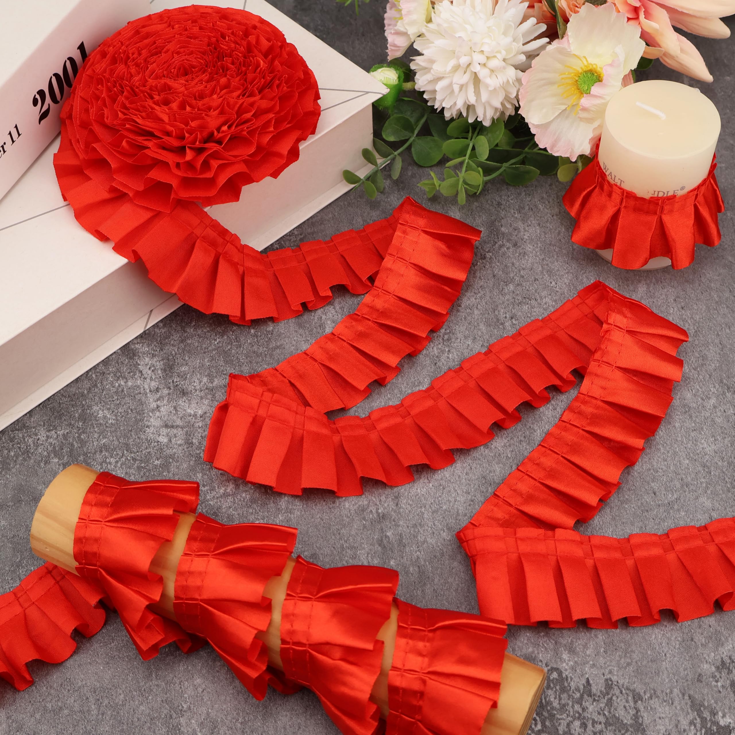 Amazon.com: Red Ruffle Pleated Lace Trim Satin Ribbon Gather
