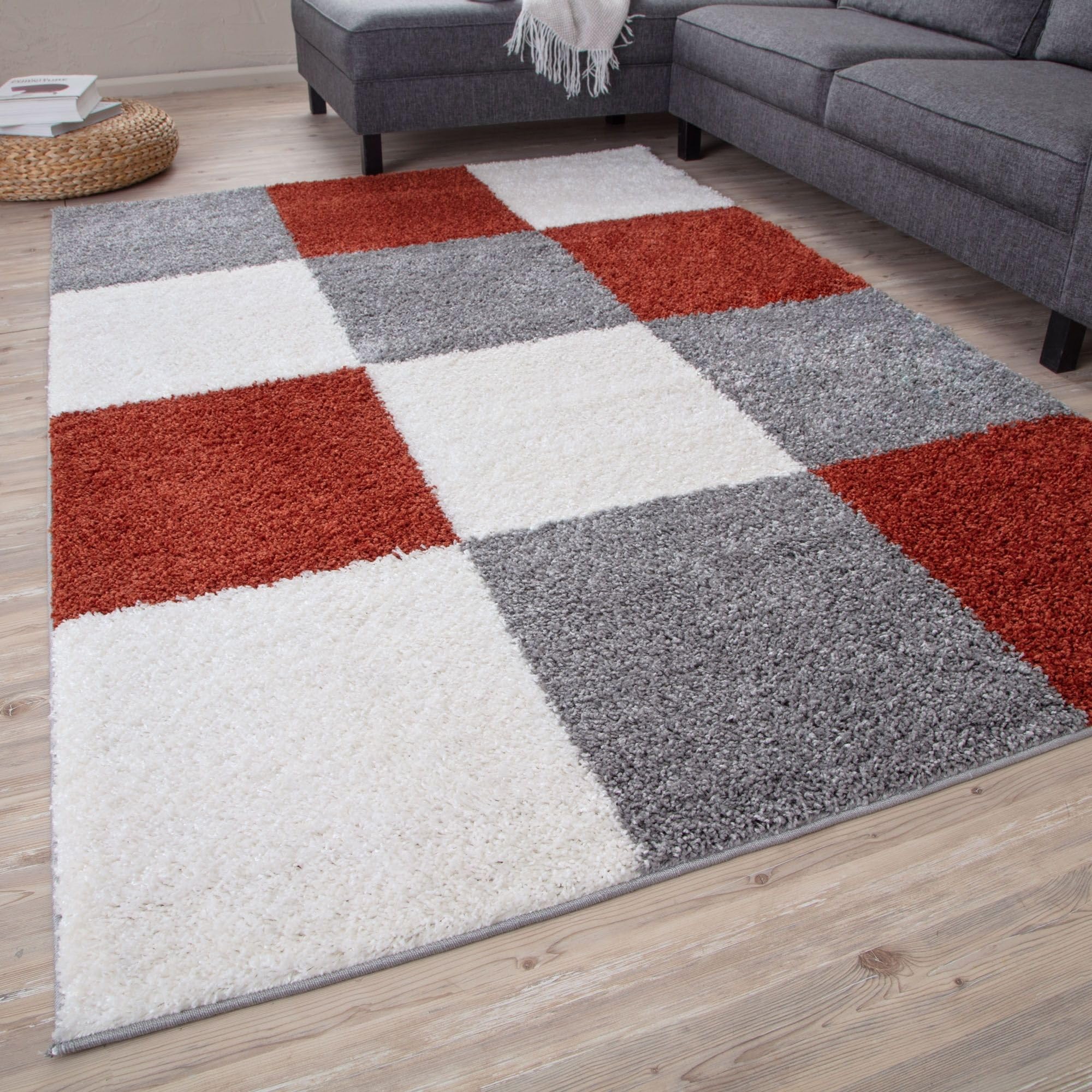The Rugs Unisex Terracotta Soft Terra Ivory Check High Pile Shaggy Rugs & Runners Living Room In | : 240 Cm X 340 Cm