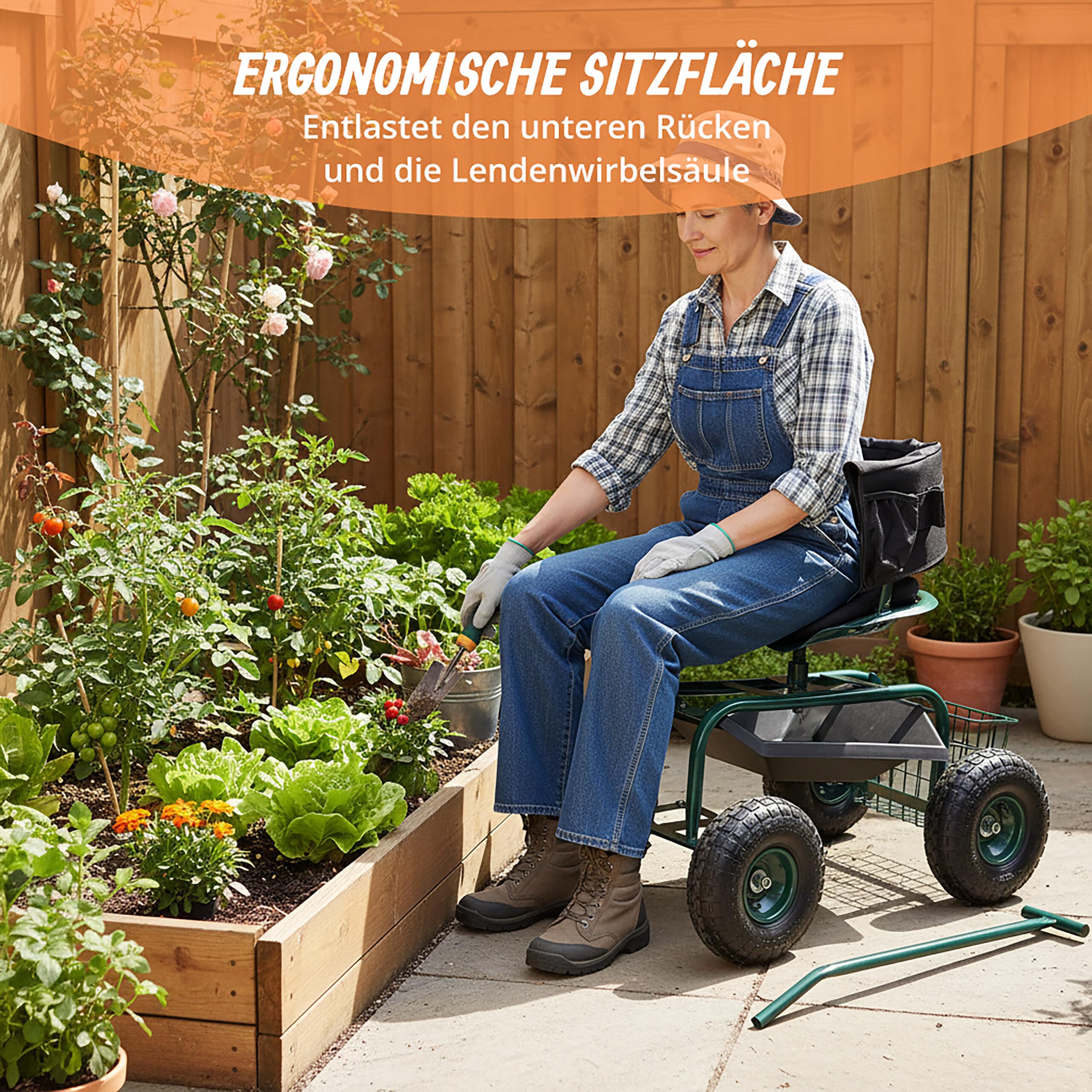Relaxdays fahrbarer Gartensitz, höhenverstellbar, 150 kg, Stauraum, Lenkstangen, Sitzkissen, Lehne, Gartenwagen, grün