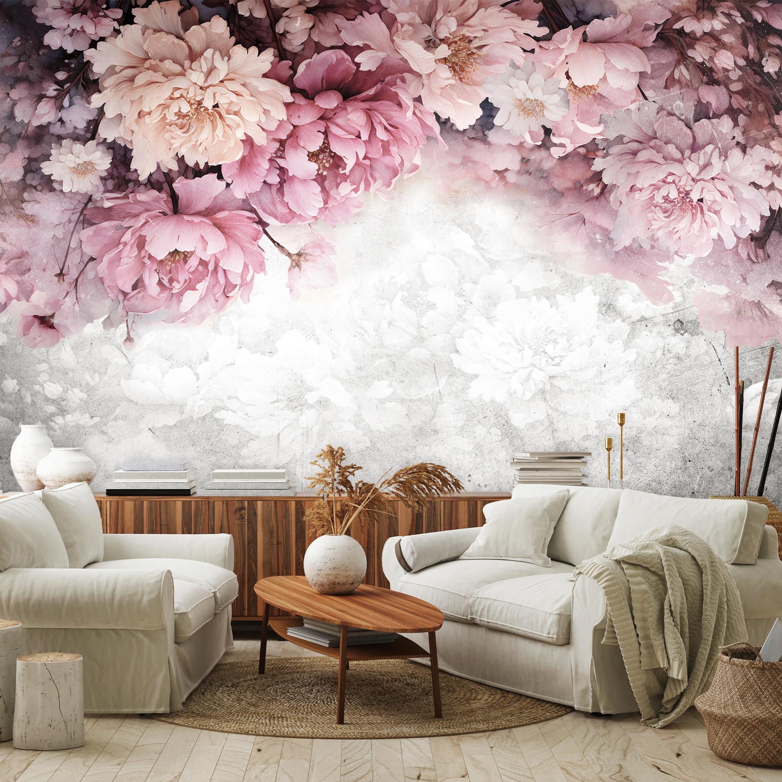 WallArena Vlies Fototapete Blumen Pfingstrosen Rosen Beton 368x254 cm | Hochwertige Vliestapete, für Wohnzimmer Schlafzimmer, Vliestapete Wandtapete Tapete 3D Effekt- inkl. Kleister