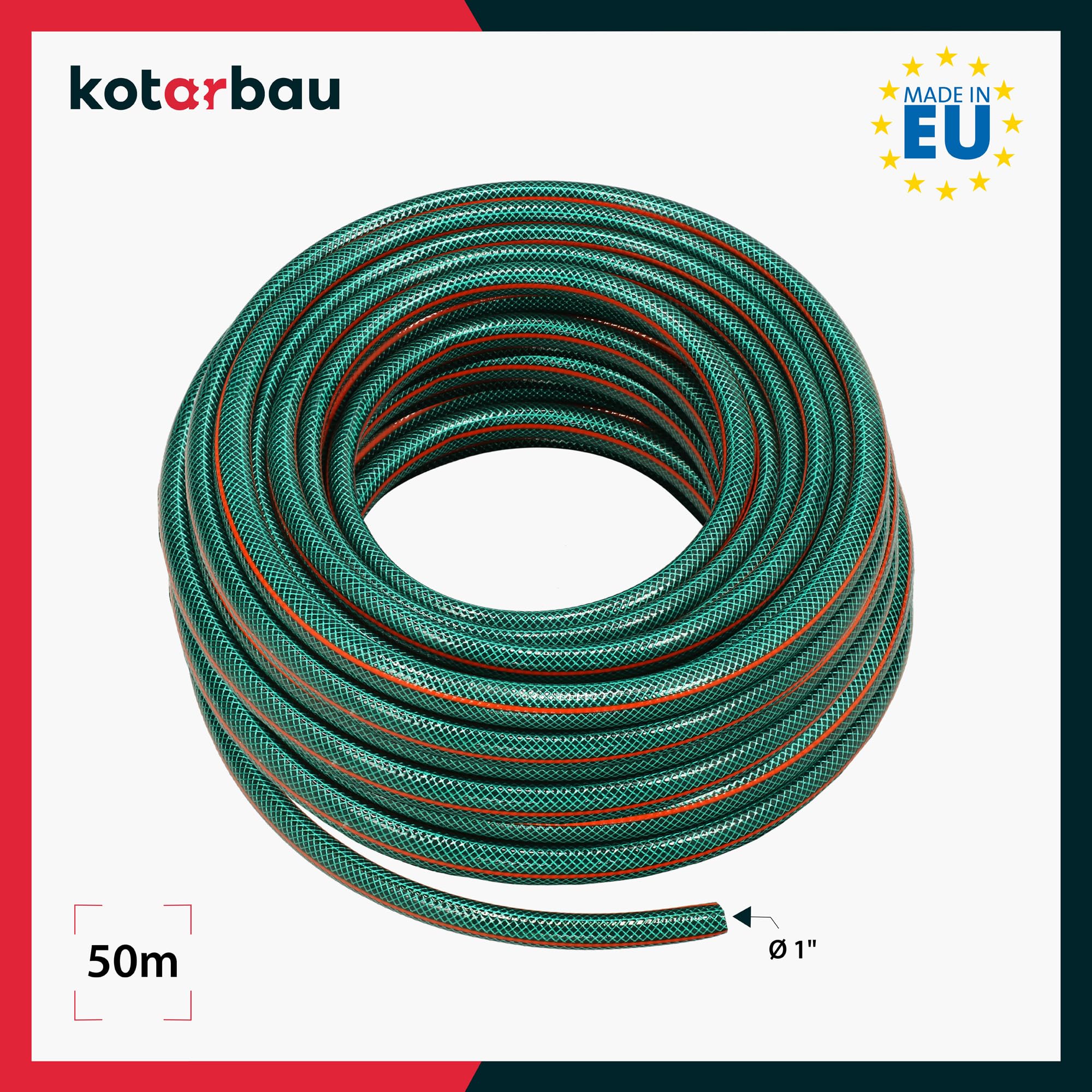 KOTARBAU® Manguera de jardín de 1", 50 m, 3 Capas, Manguera de PVC Reforzada, Color Verde, Manguera Profesional para regar Plantas, Manguera jardín, Manguera de Agua, Manguera riego Flexible