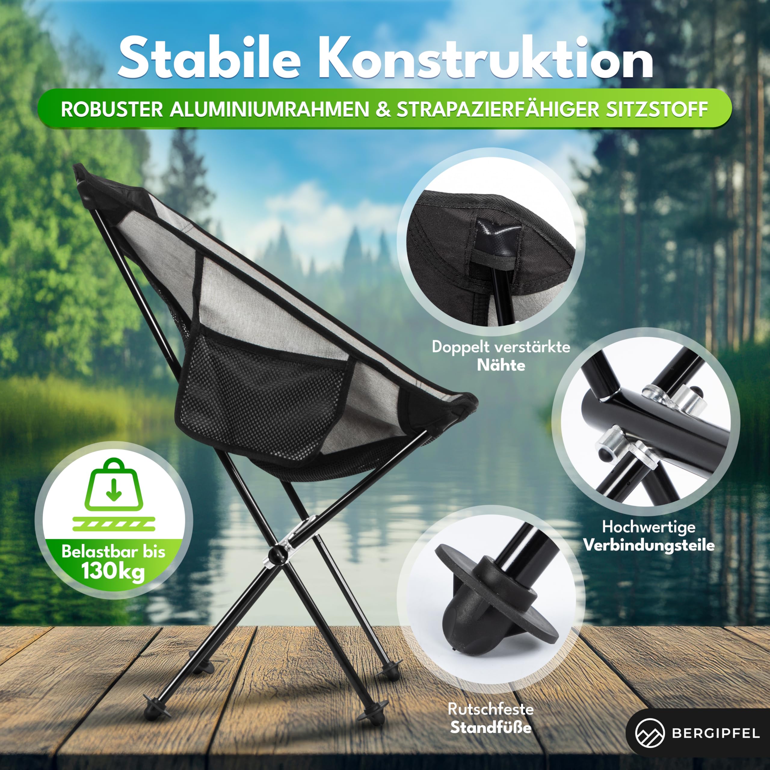 BERGIPFEL Ultraleichter Trekking Campingstuhl faltbar – Leichter Outdoor Klappstuhl für Wandern, Backpacking & Trekking – Kompakt, leicht & stabil bis 130kg Sport & Freizeit