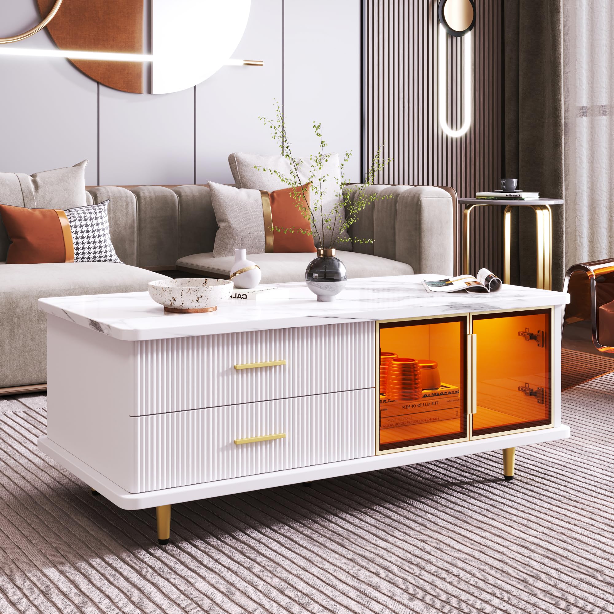 BTM Table Basse Salon avec LED, Table Basse Blanc Moderne avec 2 Portes et 2 Tiroirs, Texture Marbré et Designs Dorés, Charge 80kg, 100x50x40 cm, Blanc