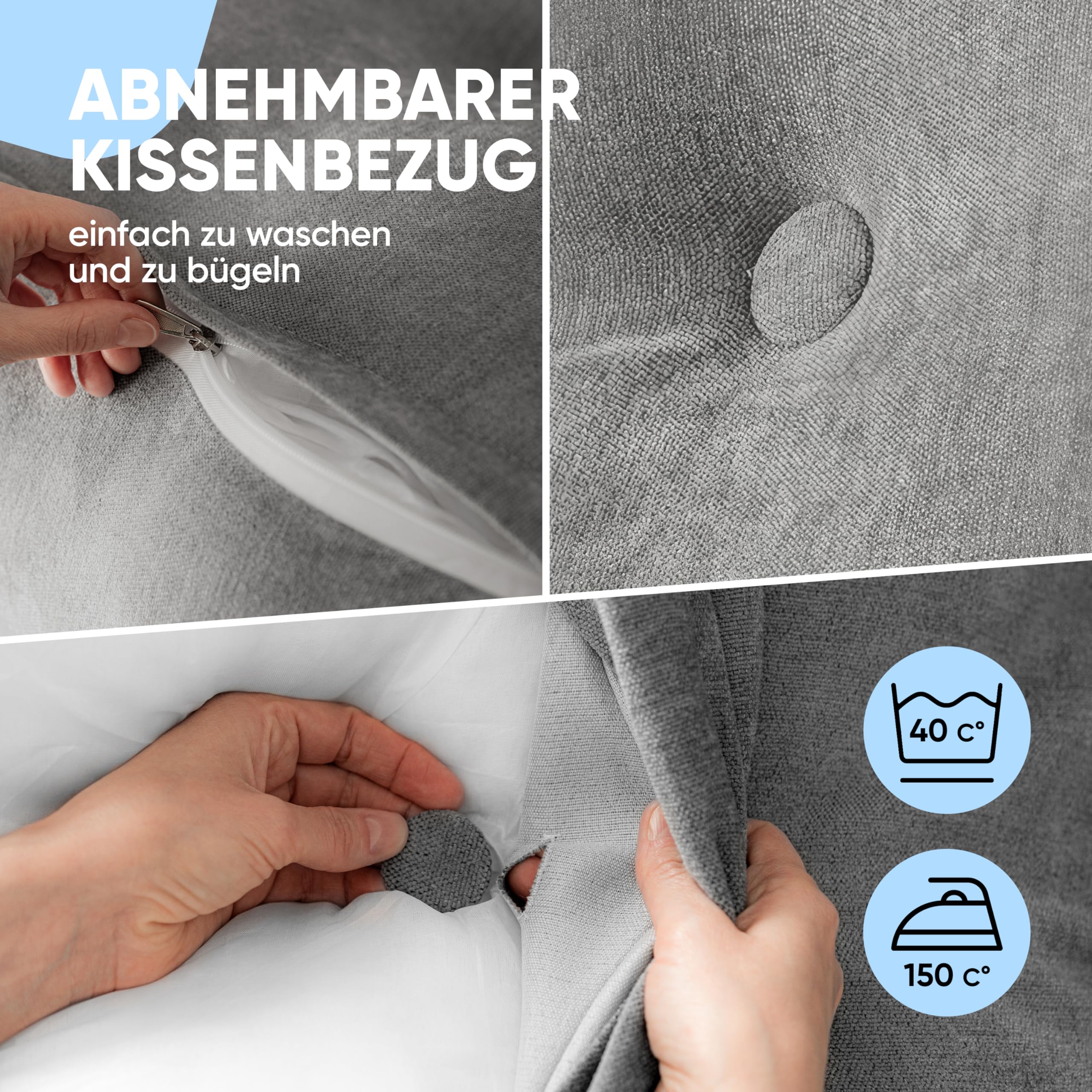 Björn&Schiller Rückenkissen - Lesekissen für Bett und Sofa, Keilkissen, Rückenpolster für die Wand, Sitzkissen, Wandkissen, groß mit waschbarem Bezug (Grau, 140 cm)