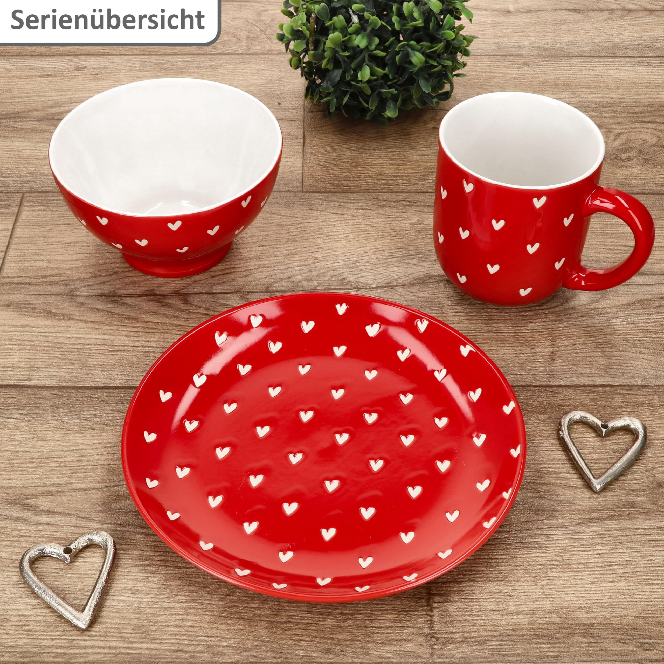 MamboCat Love 12tlg Frühstücksset I 6x Kuchenteller Ø19,5cm & 6x Kaffeebecher 300ml I Porzellan Geschirr rot mit weißen matten Herzen I für Frühstück & Kaffeezeit