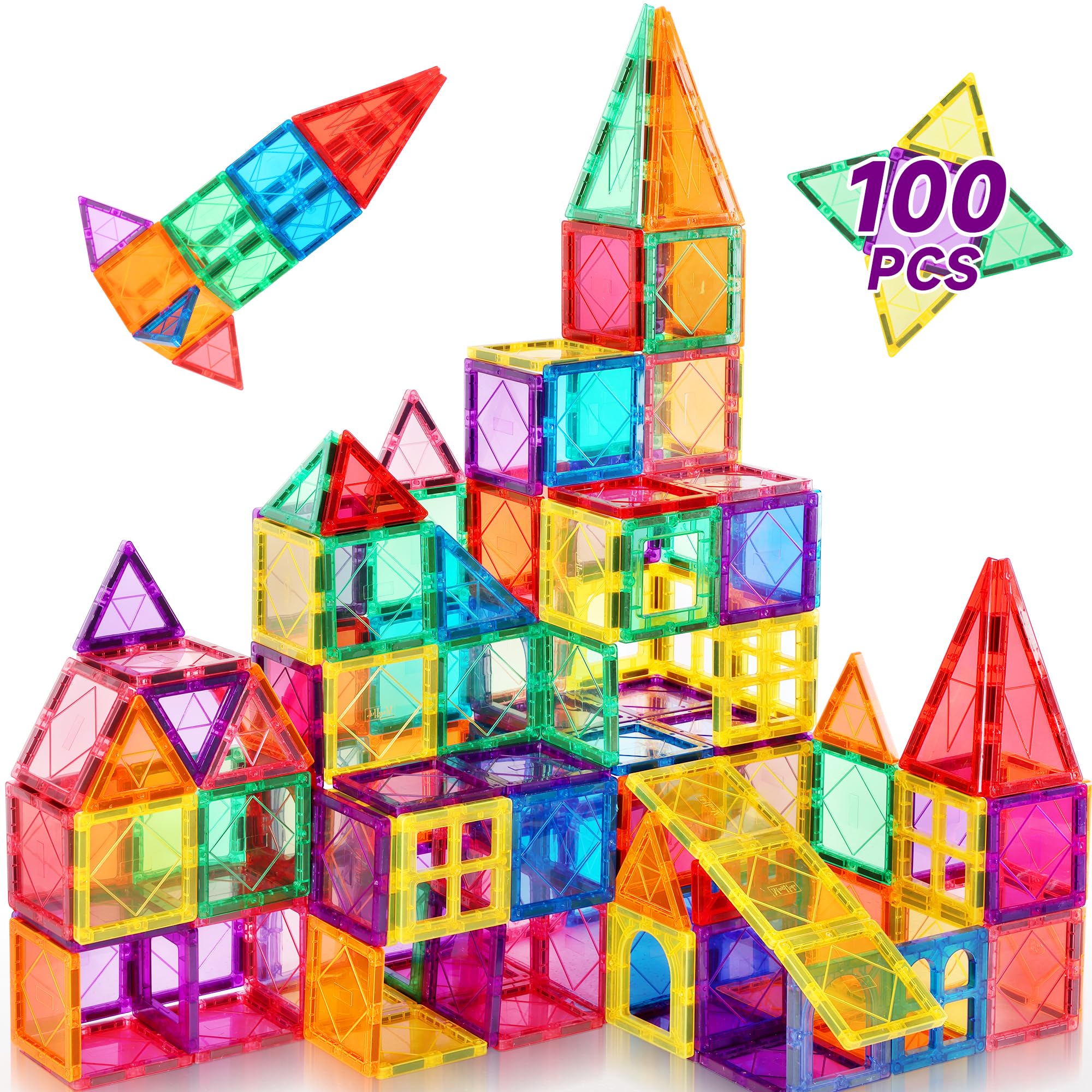 100PCS Magnetic Tiles Kids Toys - Magnetic Building Blocks STEM Magnet Building Set Preschool Learning Magnet Toys for Kids Ages 3-5 4-8, Sensory Montessori Toy for Toddlers 3+ Year Old Boys Girls