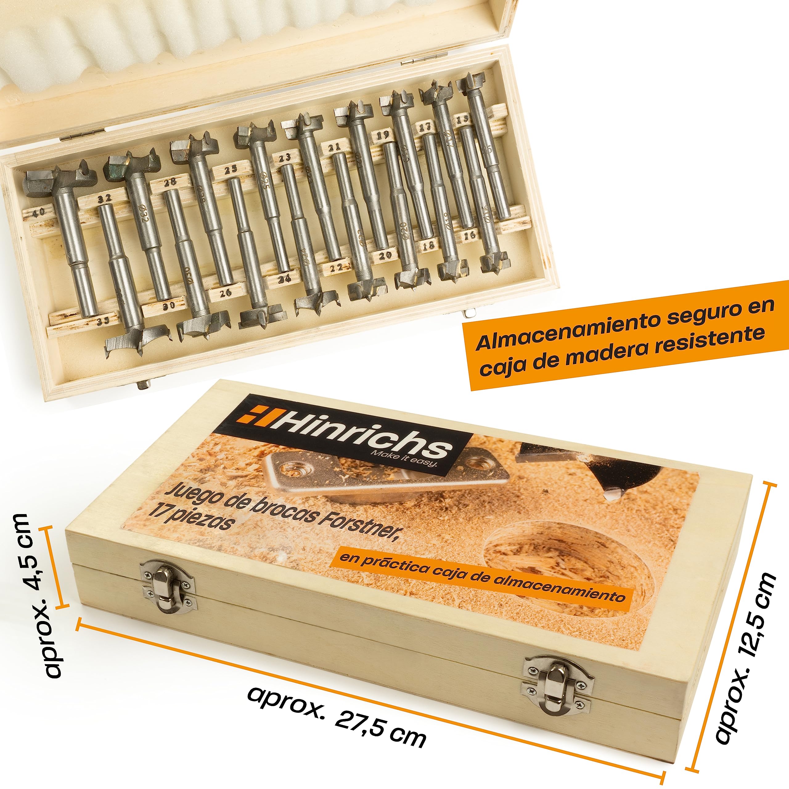 Hinrichs Juego de Fresas Para Madera y metal, 17 Piezas en Estuche - Brocas de 15 a 40 mm para Diferentes Trabajos