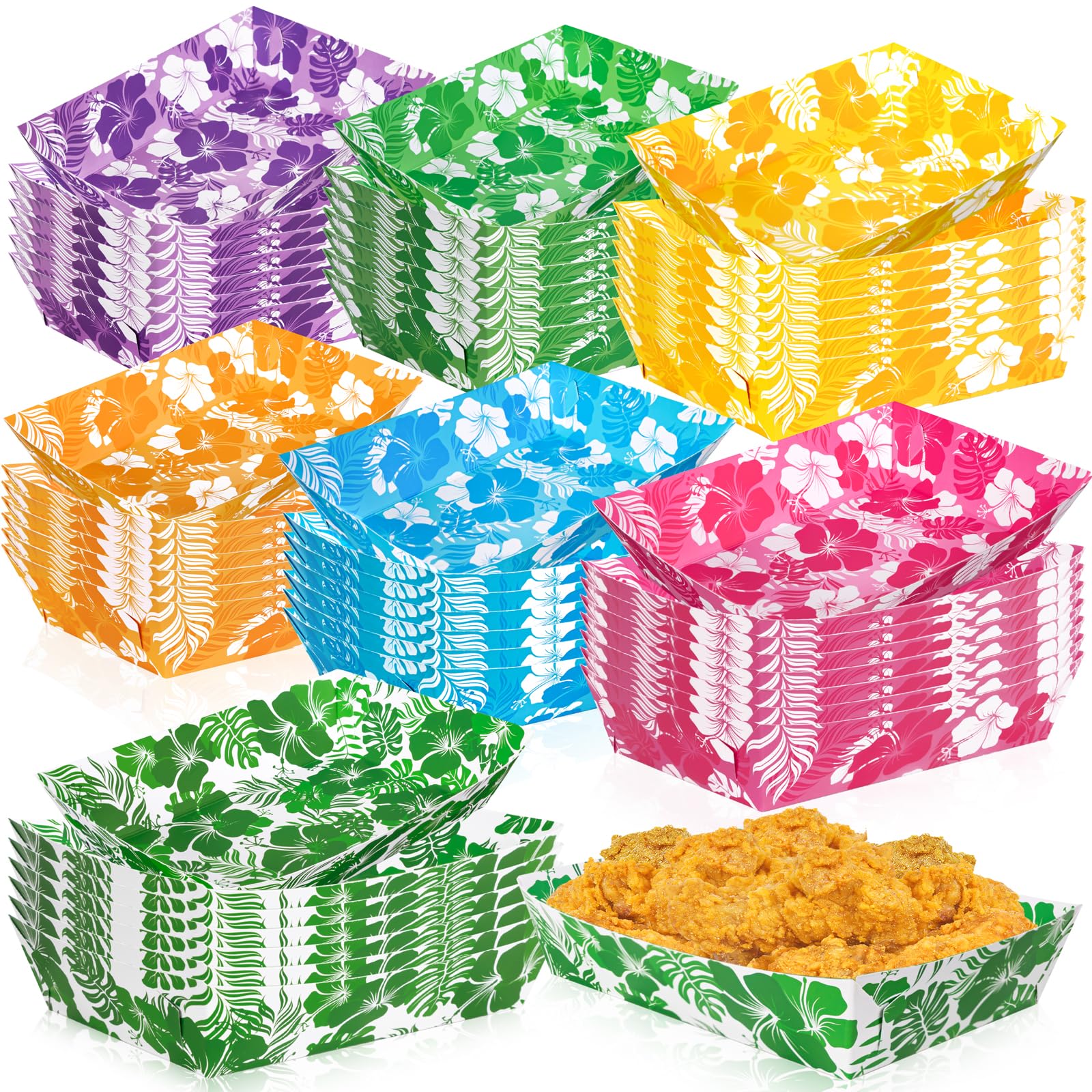 50pcs Hawaiian Luau Party Decorations - Hibiscus Flower Paper Food Trays for Summer, Aloha Themed Disposable Serving Supplies (7 Style)