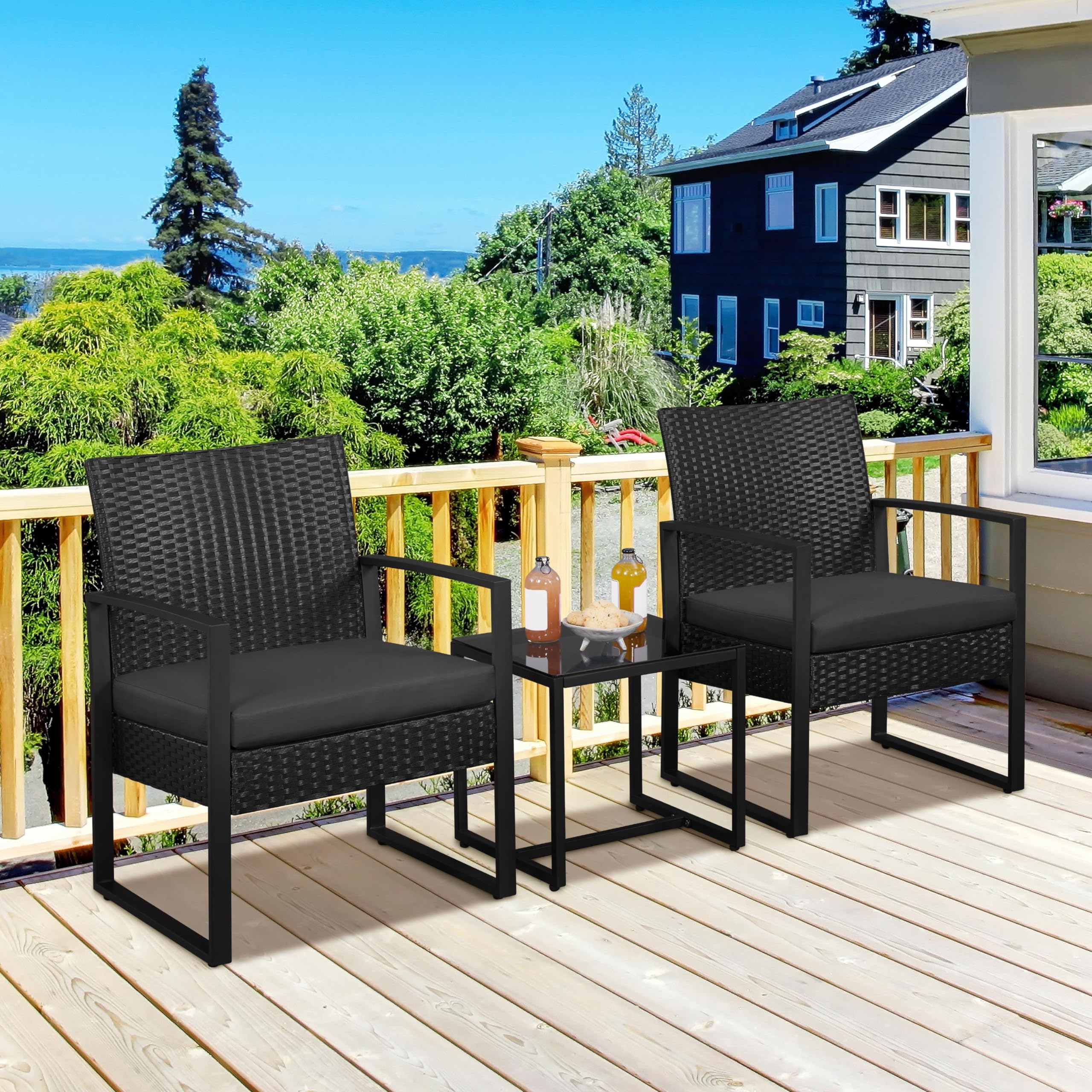 Yaheetech 3-Piece Patio Furniture Set, Rattan Wicker Outdoor Chairs Set of 2 w/Coffee Table - PE Rattan Chair Balcony Conversation Set for Yard/Bistro/Garden/House/Porch, Black