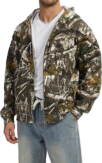 Camo Zip up Hoodie Men Full-Zip Fleece Hoodies Oversized Hooded Sweatshirts Maple Leaf Print Long Sleeve Sweatshirt