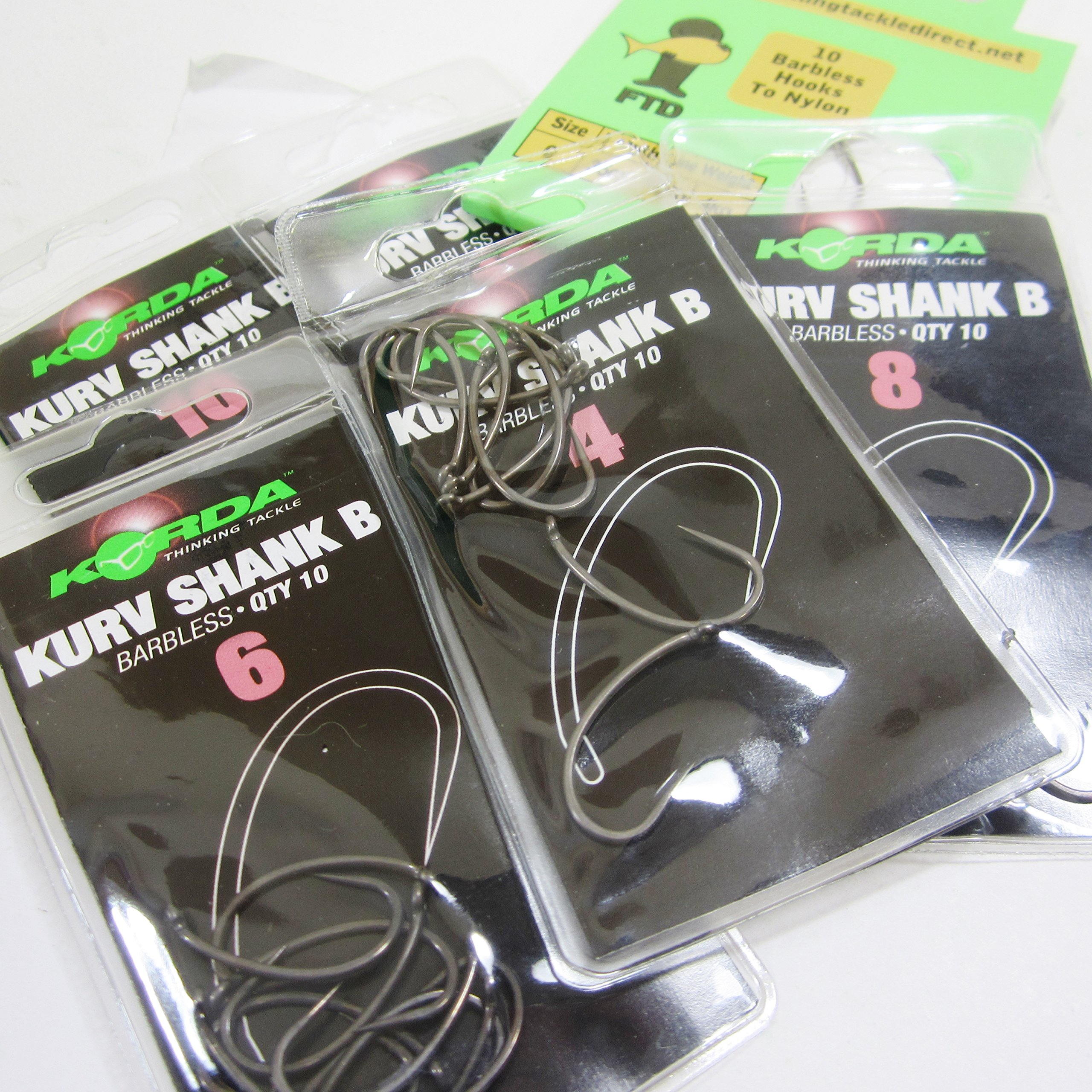 FTD Min 20 (2 packs of 10) KORDA (KURV SHANK B) Barbless (EYED) Carp  Fishing Hooks Single Size Combinations Sizes to 12 Comes with 10  FTD
