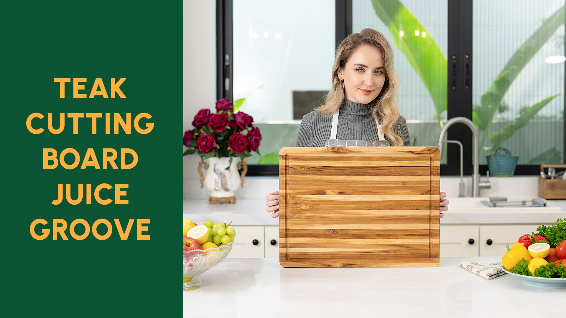 Tabla de cortar de madera Teak con ranura y mango 22x16 pulgadas miniatura 7