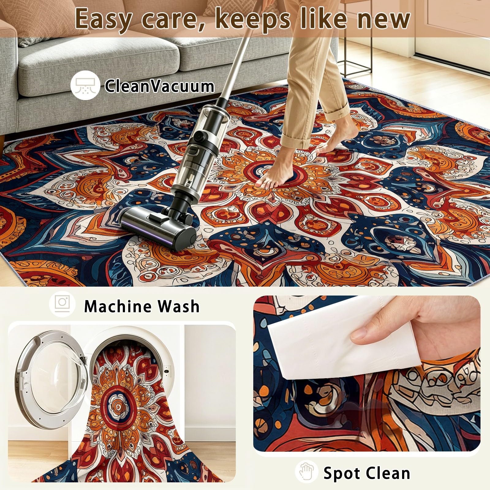 Tapis Doux Ethnique Bohème 180x240 cm, Bleu Marine Foncé Tapis Salon Chambre Cuisine Salle à Manger Bureau Salle de Bain, Géométrique Fleurs Mandala Lavable Doux Poils Courts Antidérapant Rug