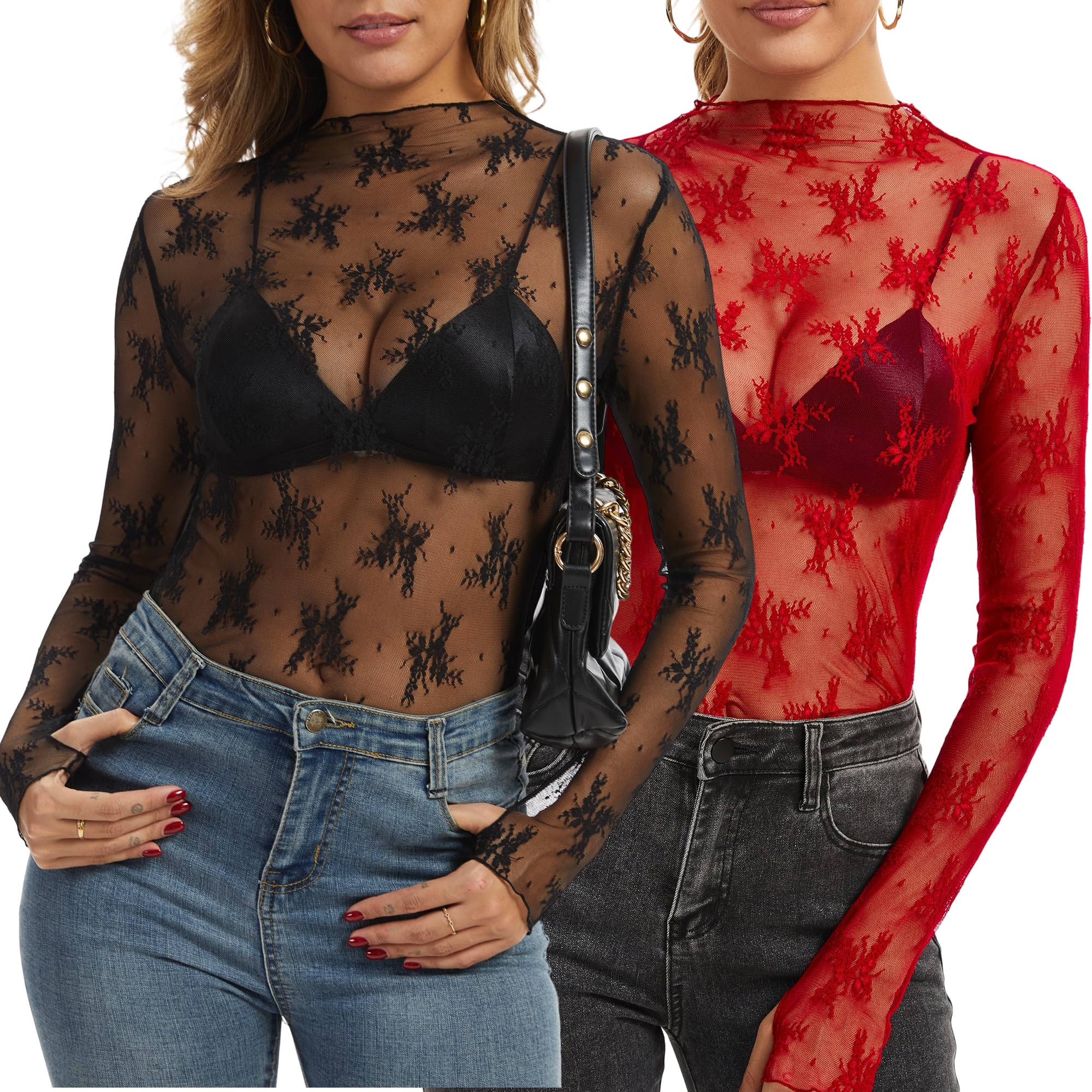 VELISDE Women's Long Sleeve Lace Tops Mesh Tops Sheer Layering Top Sexy Mock Neck Floral See Through Shirt Blouse