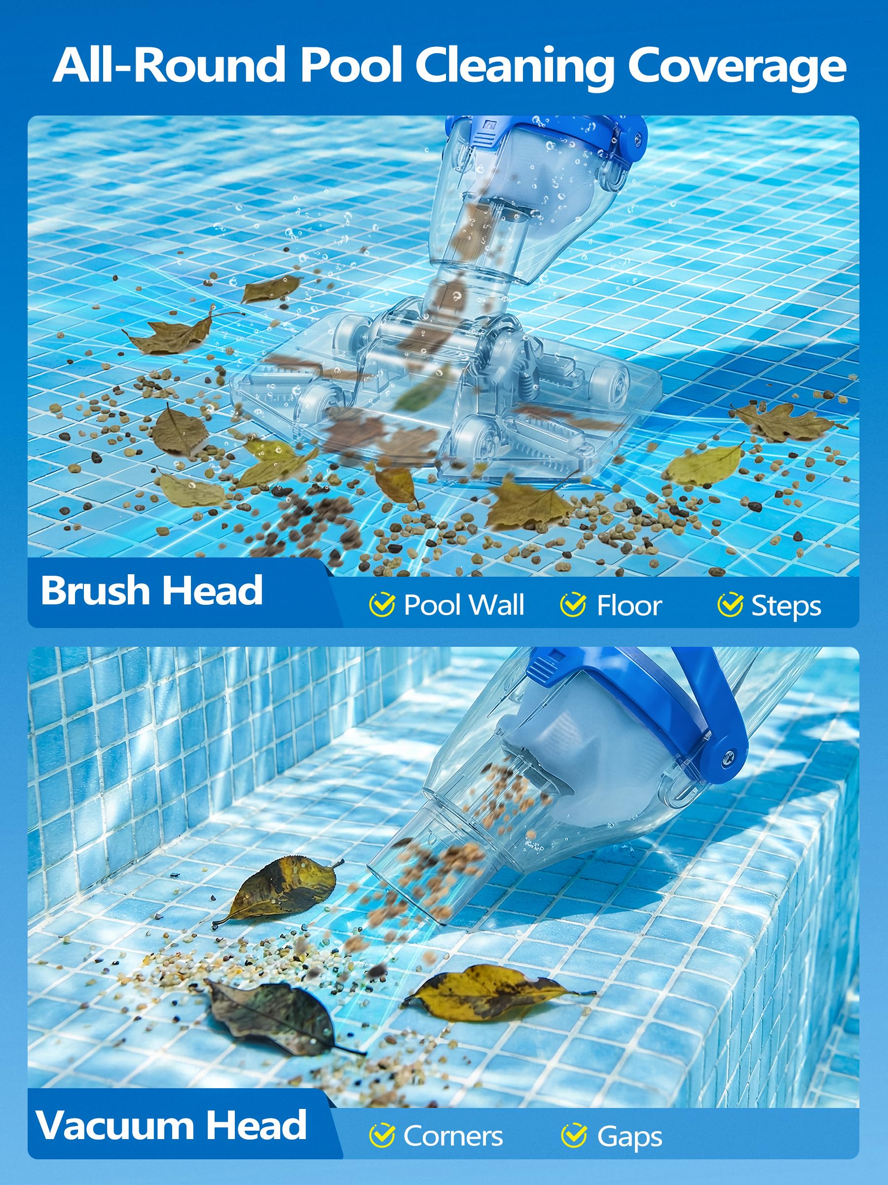 LanOcean Aspirador Piscina Bateria, 2 Modos Aspiradora Piscinas Fondos Caudal Hasta 4300 L/H, Aspiradora para Piscina Inalambrico con Varilla Telescópica, Autonomía de 70 min Limpia Fondos de Piscinas