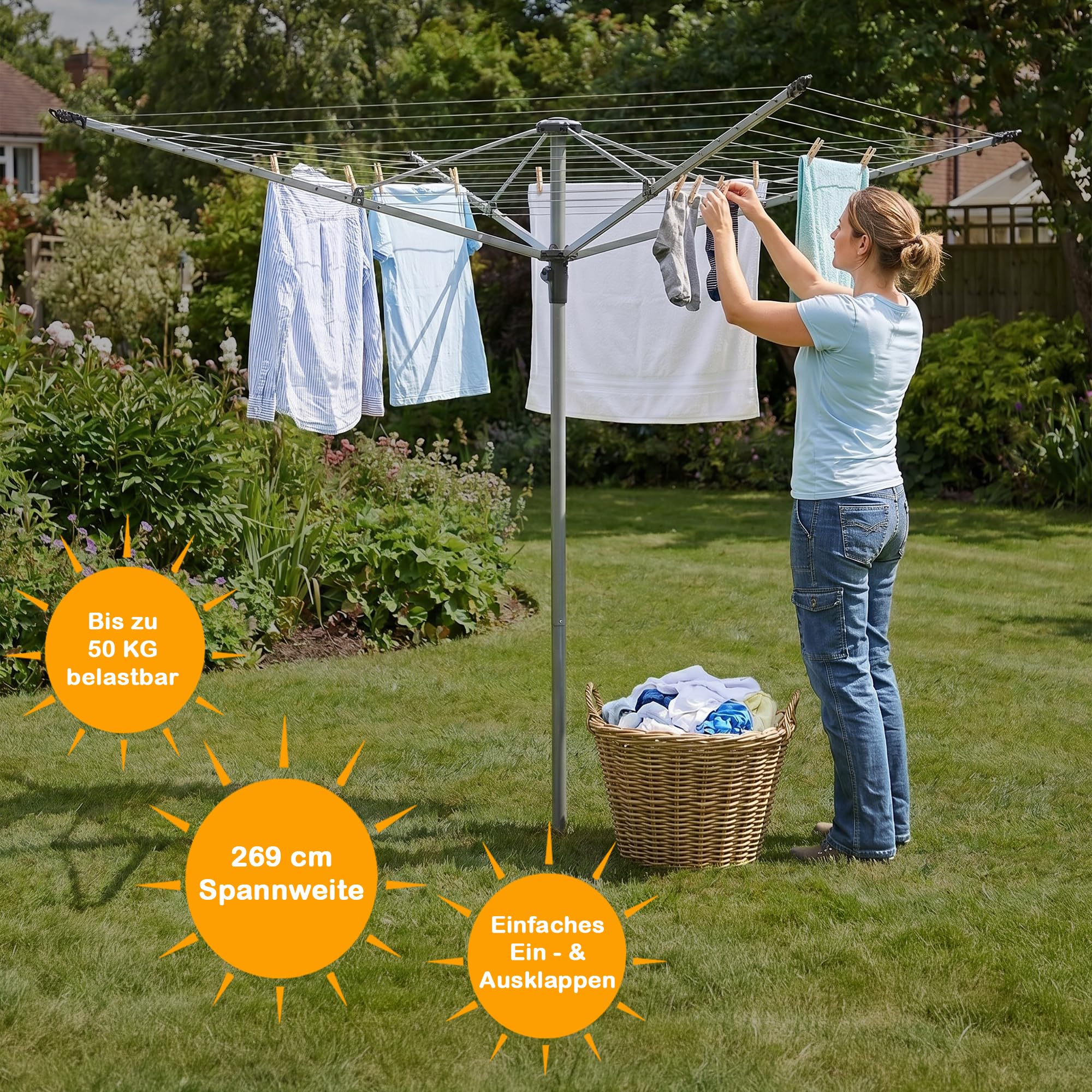 Wäschespinne 50 m mit Schutzhülle & Bodenhülse, Aluminium Wäscheständer bis 50 kg, höhenverstellbar, Wäschetrockner Garten