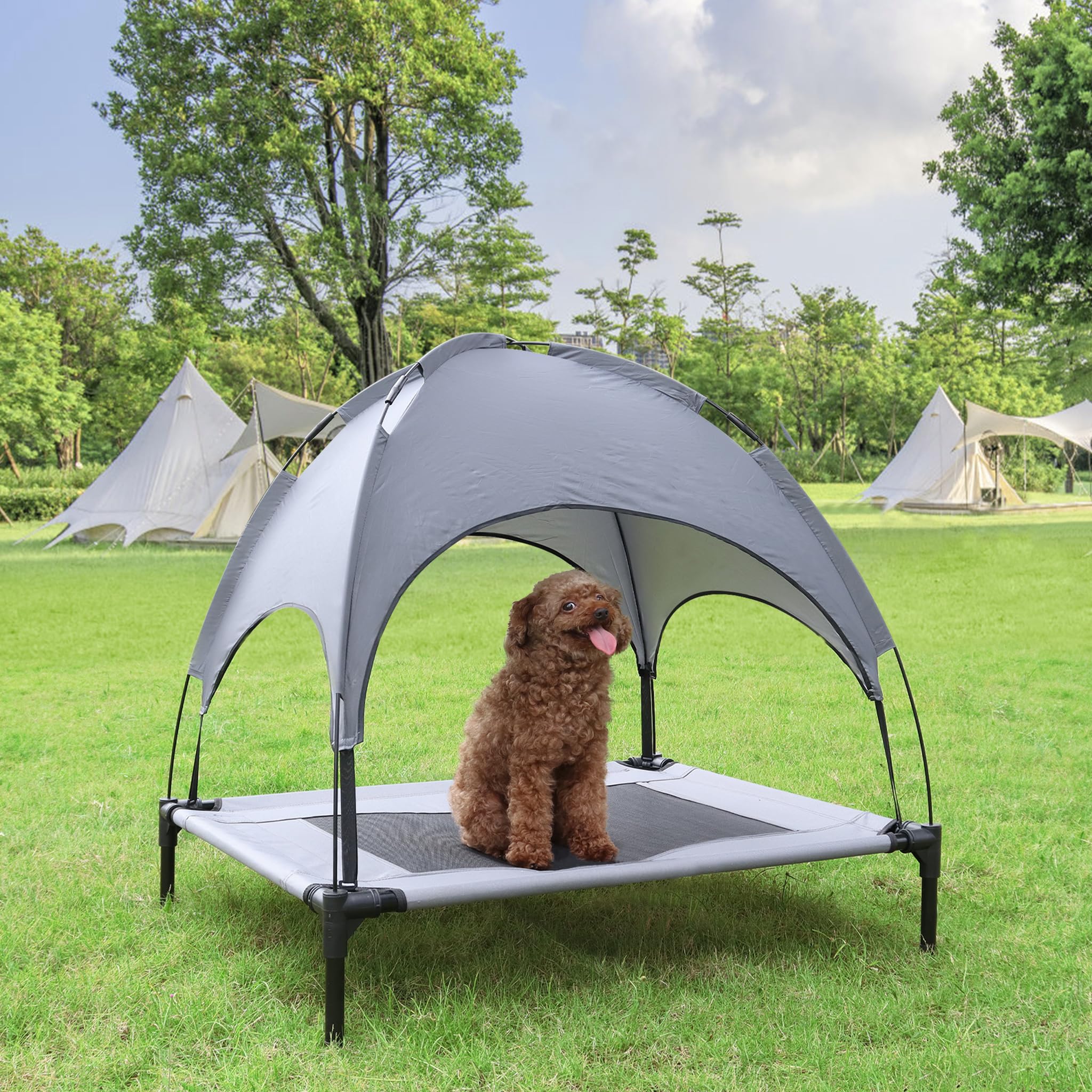 FIVMEN Hundebett mit Baldachin Hundeliege Outdoor 2 in 1 Haustierbett Hundesofa Erhöhtes Katzenliege Katzenbett für Katzen und Kleine Große Hunde, 76x76x61cm