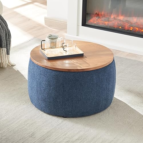 Miniatura 8 de Setawix Otomana redonda con almacenamiento para sala de estar, mesa de centro otomana circular de ratán sintético hecha a mano con bandeja de tapa