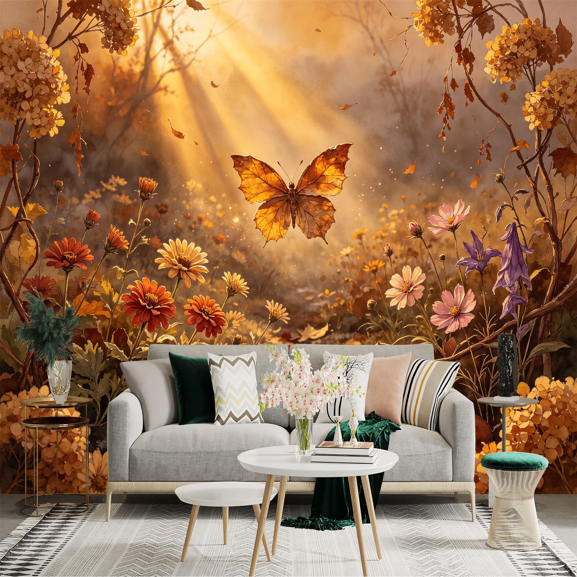 Lnzczhyre Bh260719634 Custom Size Wall Sticker Mural， Golden Autumn Butterfly With Wildflowers And Sunbeams， For Wall Decoration， Peelandstick Wall Decals.