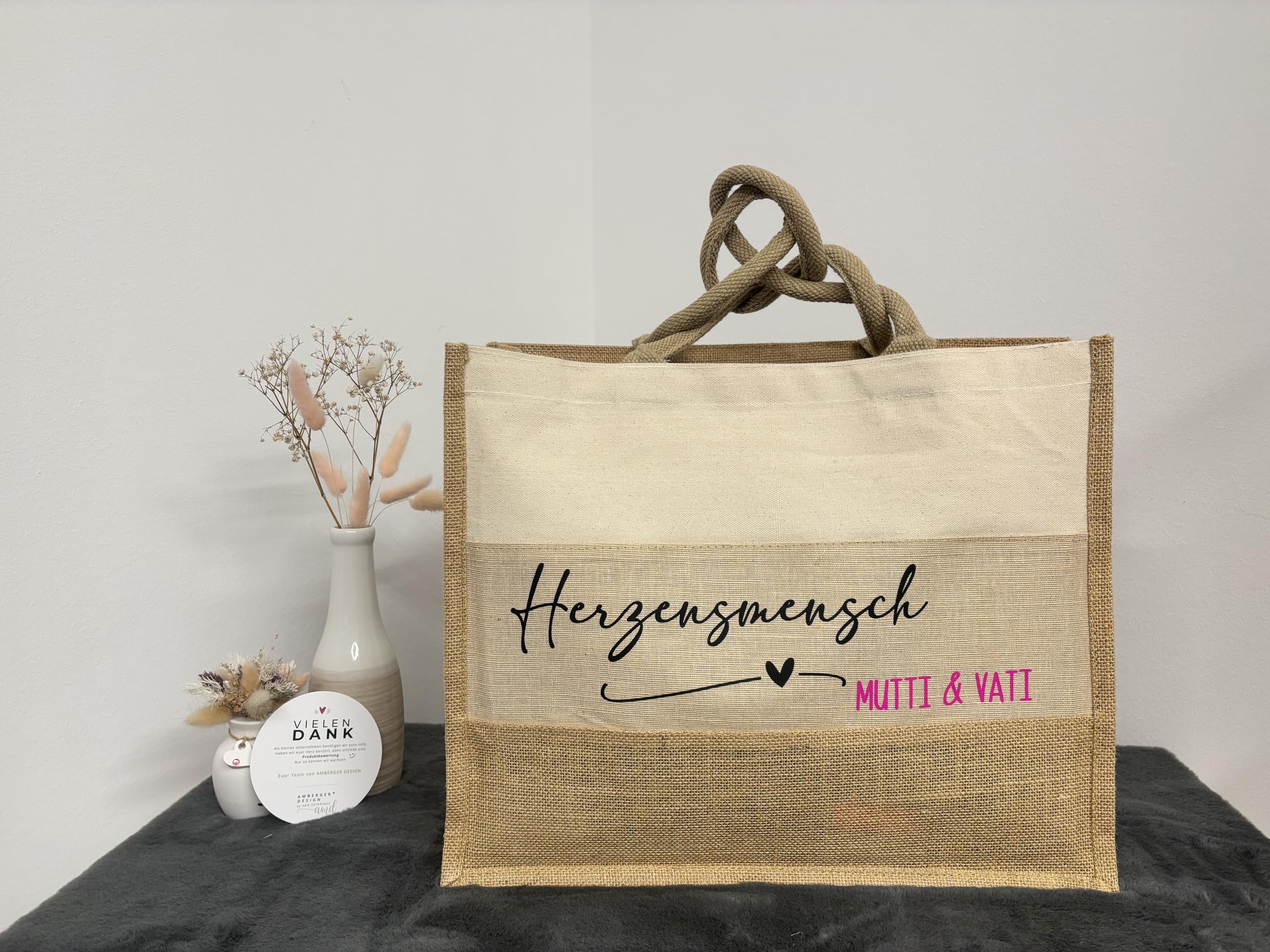 AMBERGER DESIGN Jute Tasche Herzensmensch Lieblingsmensch personalisiert Innentasche Gratis Geschenkanhänger