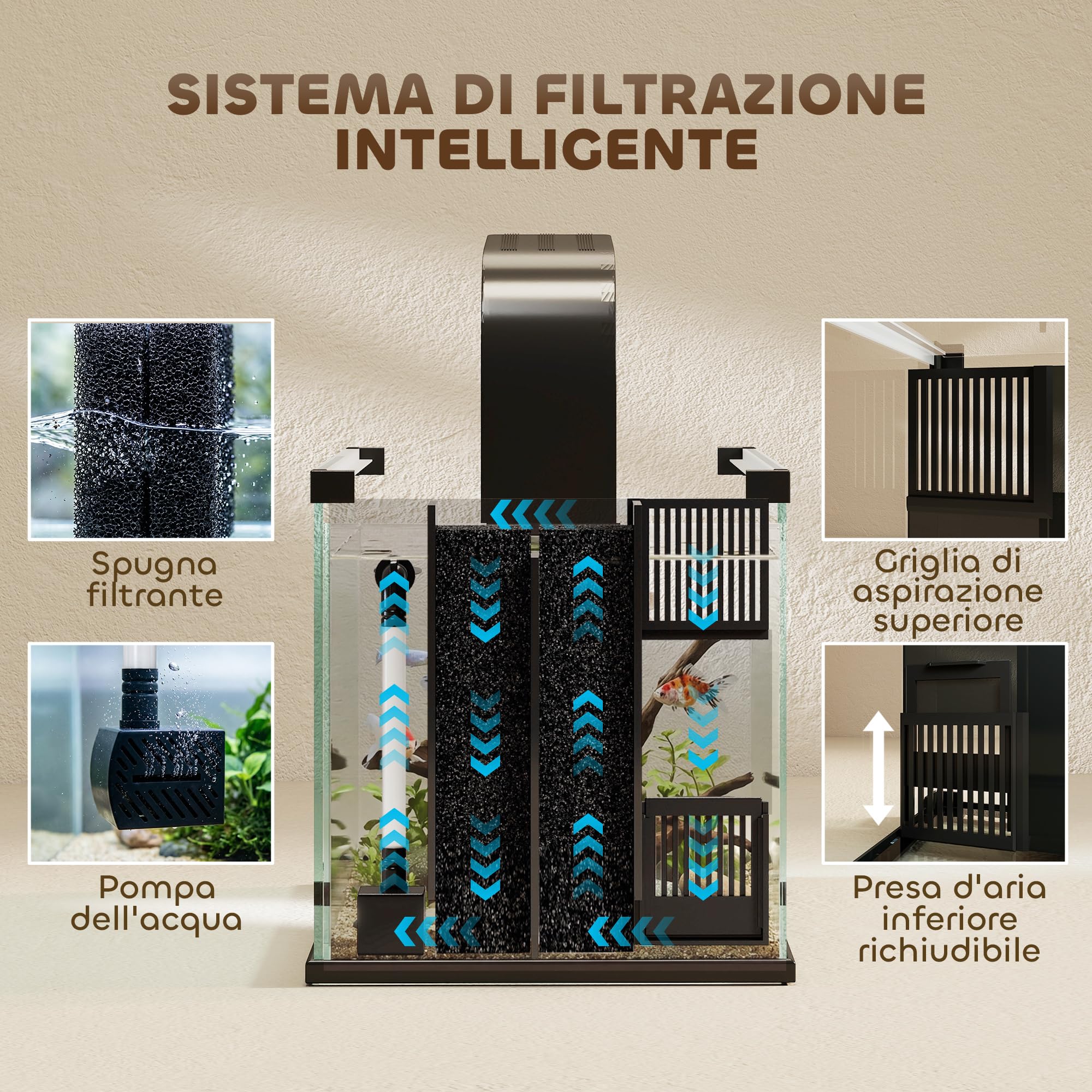 PawHut Acquario in Vetro Temperato 24L, Acquario Completo Piccolo Trasparente con Filtro Integrato, Luce LED e Pompa dell'Acqua per Pesci Tropicali, Pesci Rossi, Casa, Ufficio, 45x25x25.5 cm, Nero